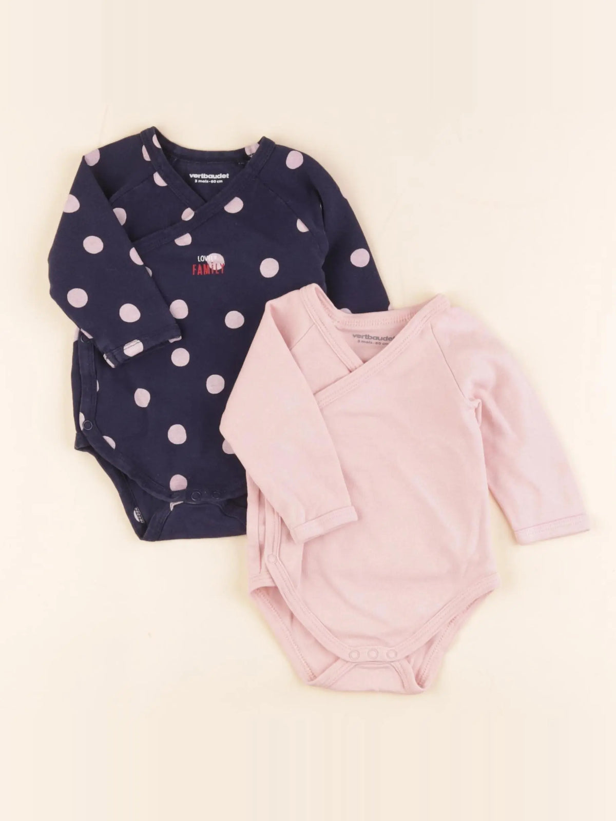 Vertbaudet - lot de 2 bodies en coton rose, bleu - 3 mois