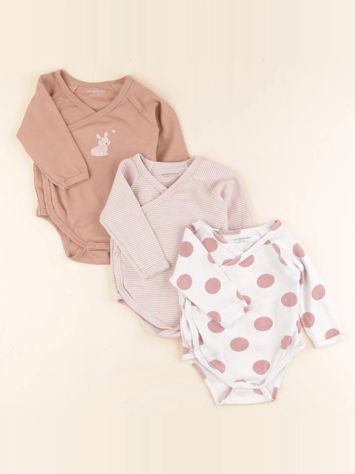 Vertbaudet - lot de 3 bodies en coton blanc, rose - 6 mois