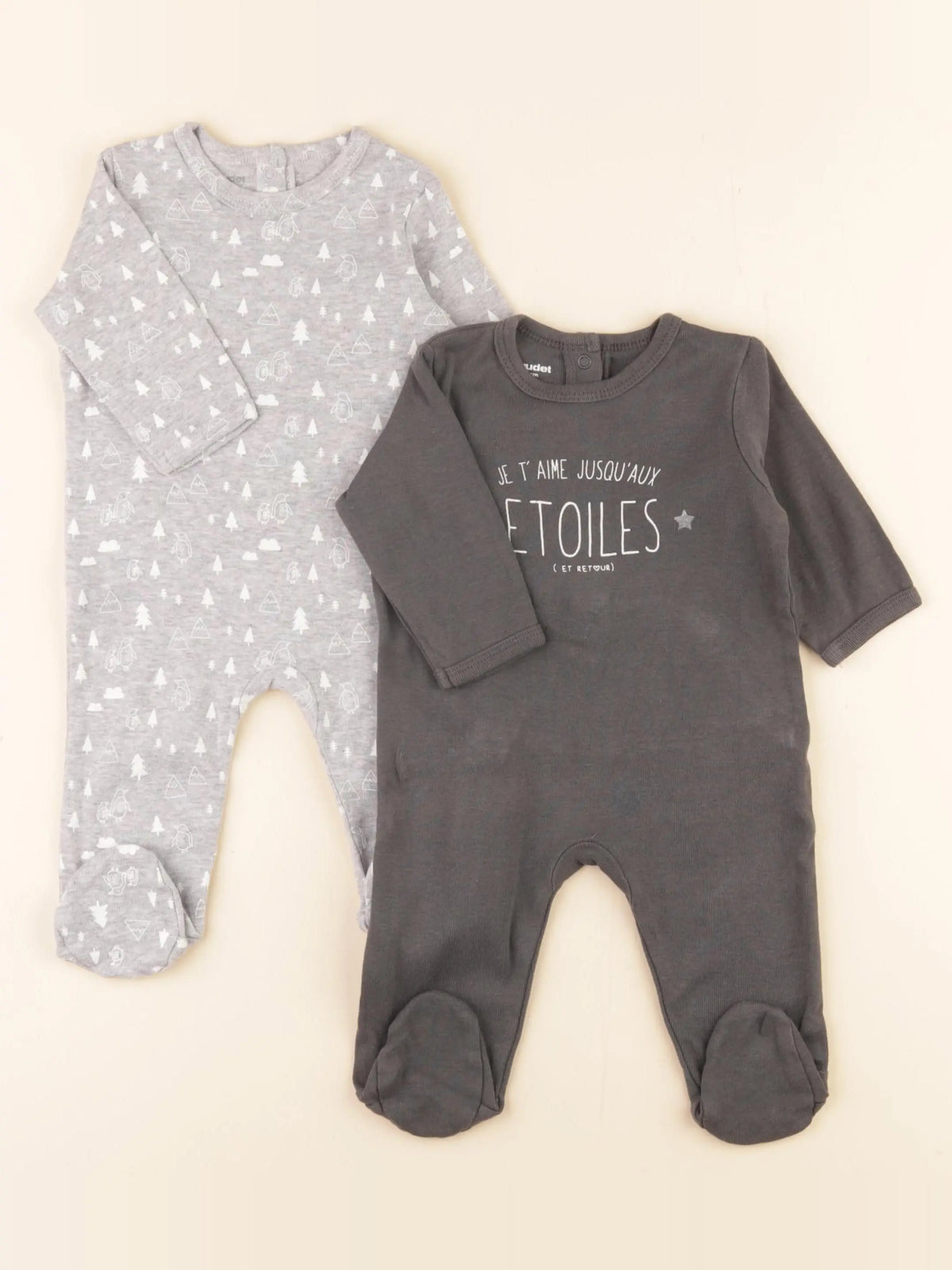 Vertbaudet - lot de 2 pyjamas coton taupe, gris - 3 mois