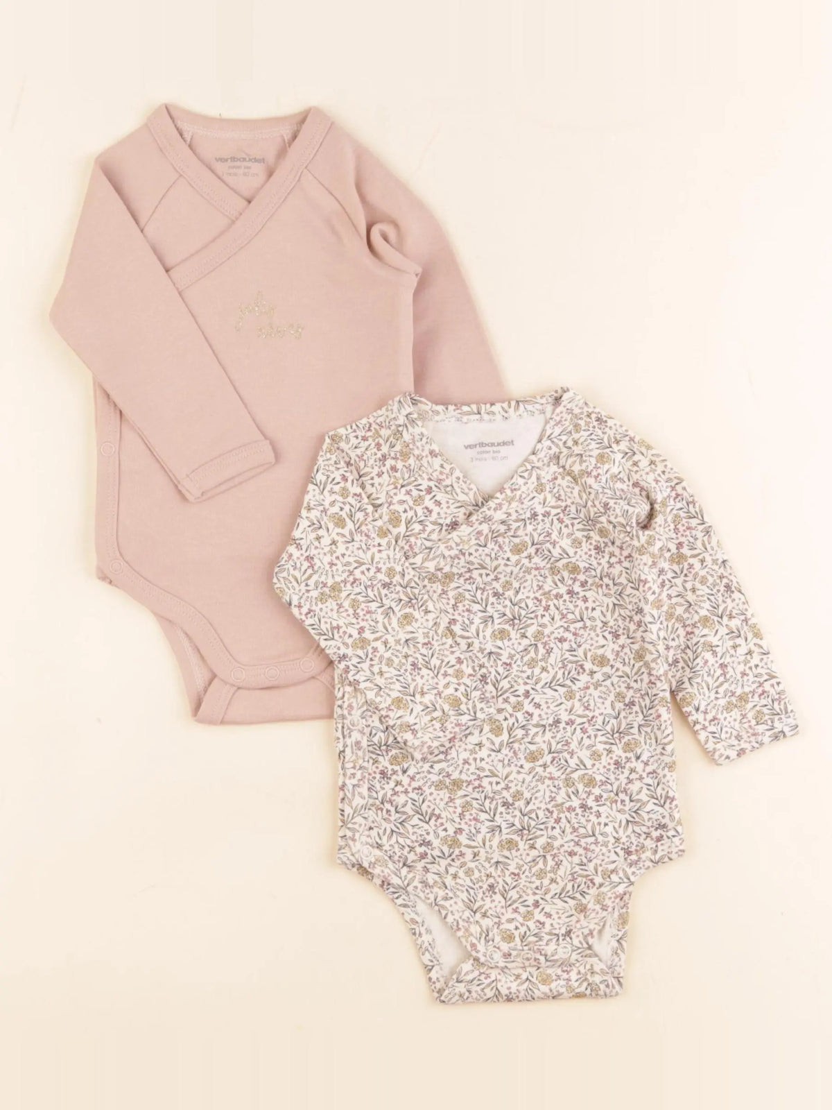 Vertbaudet - lot de 2 bodies en coton beige, rose - 3 mois