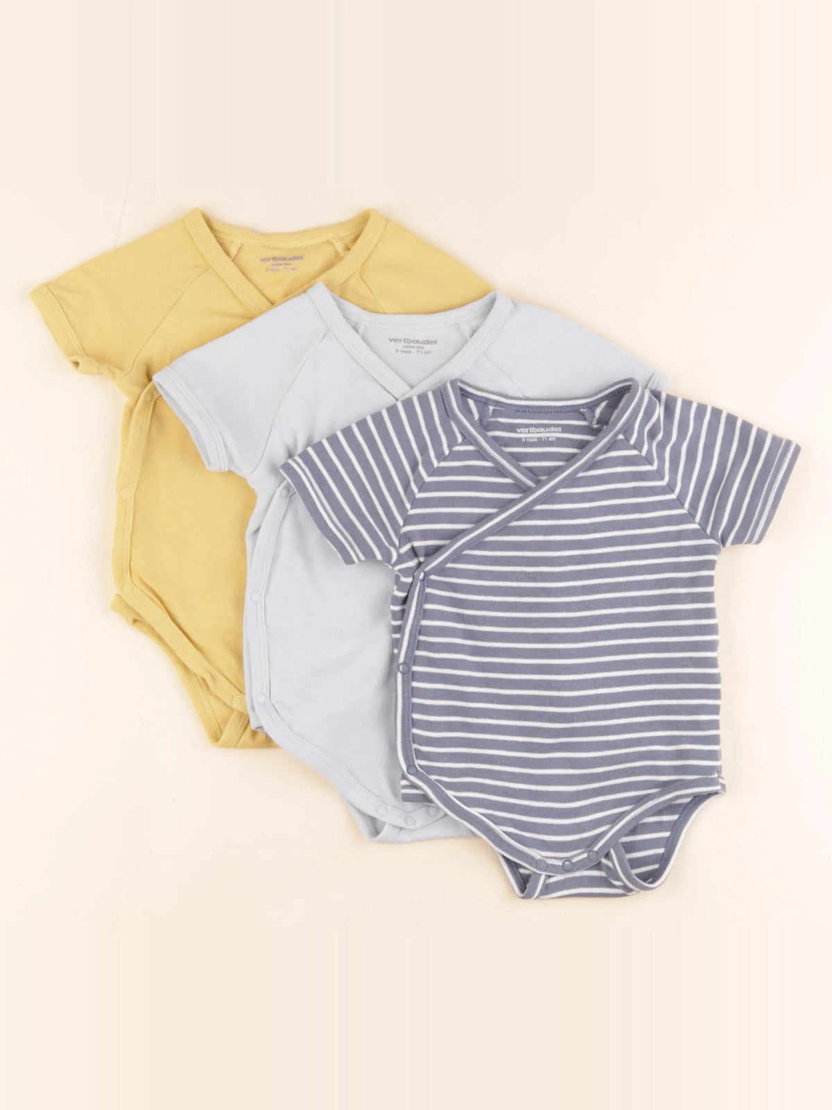 Vertbaudet - lot de 3 bodies en coton bleu, jaune - 9 mois