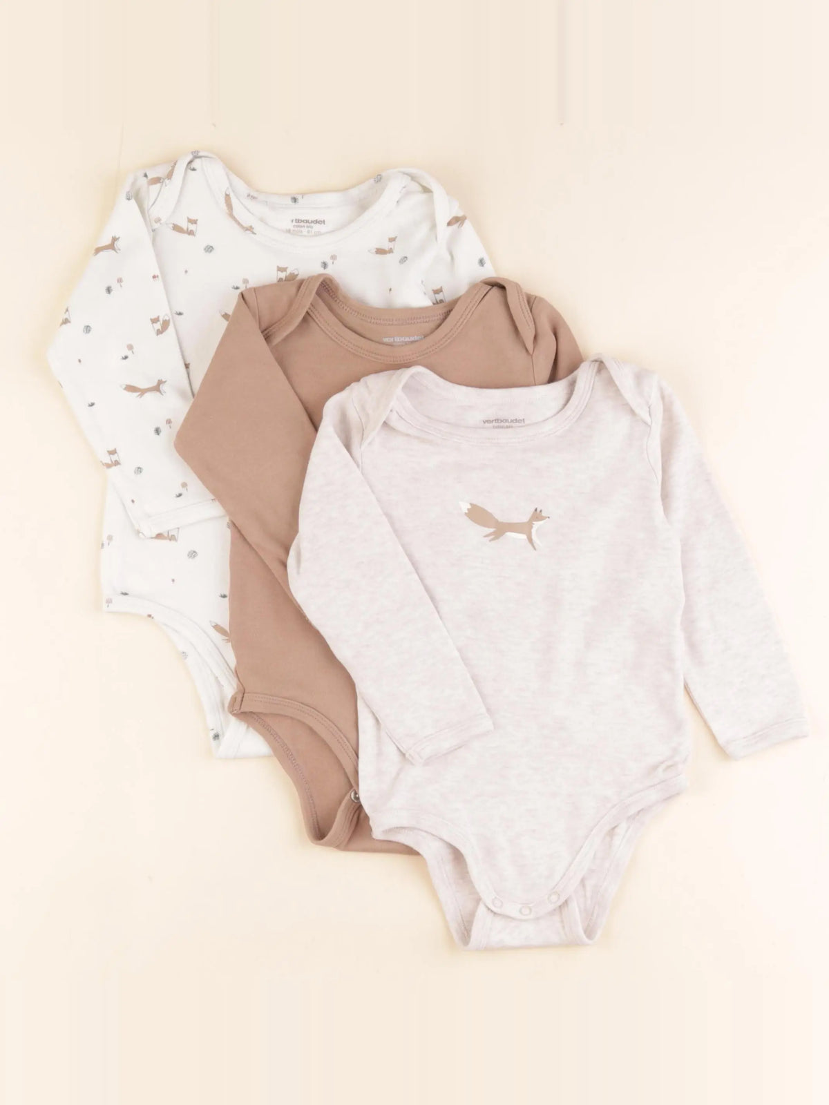 Vertbaudet - lot de 3 bodies en coton beige, marron - 18 mois