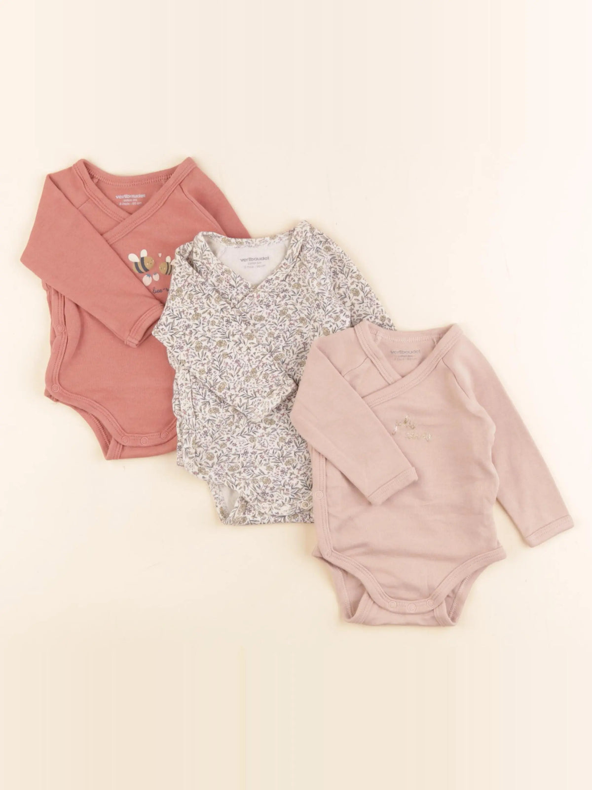 Vertbaudet - lot de 3 bodies en coton rose, or - 3 mois
