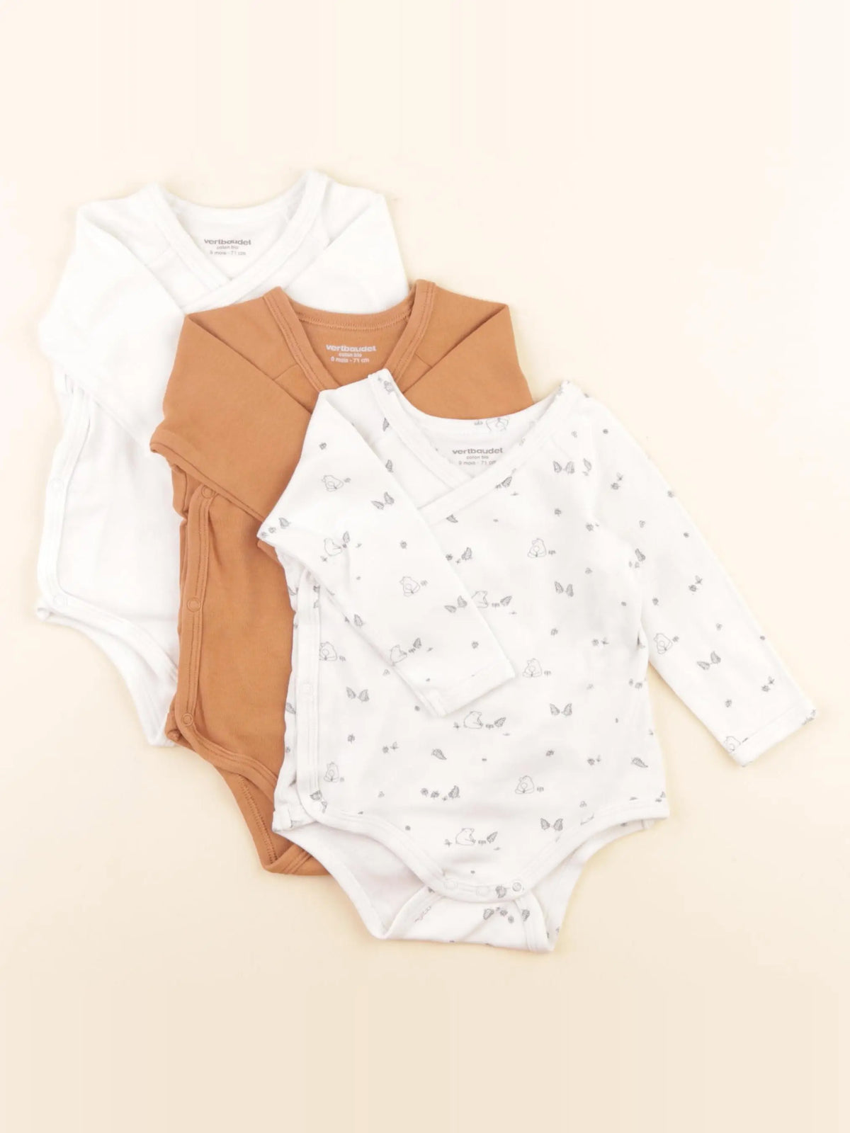 Vertbaudet - lot de 3 bodies en coton blanc, marron - 9 mois