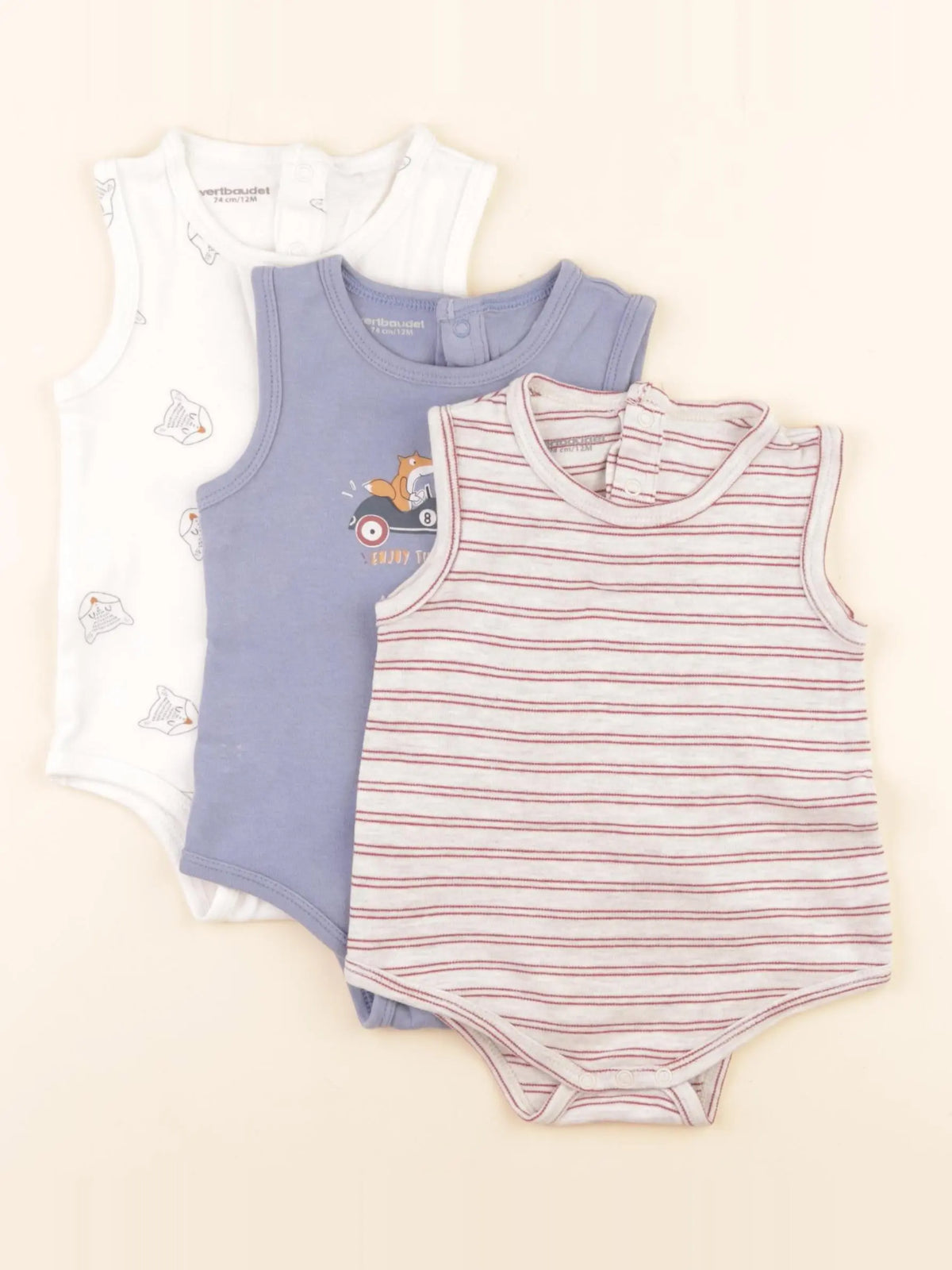 Vertbaudet - lot de 3 bodies en coton blanc, multicolore - 12 mois