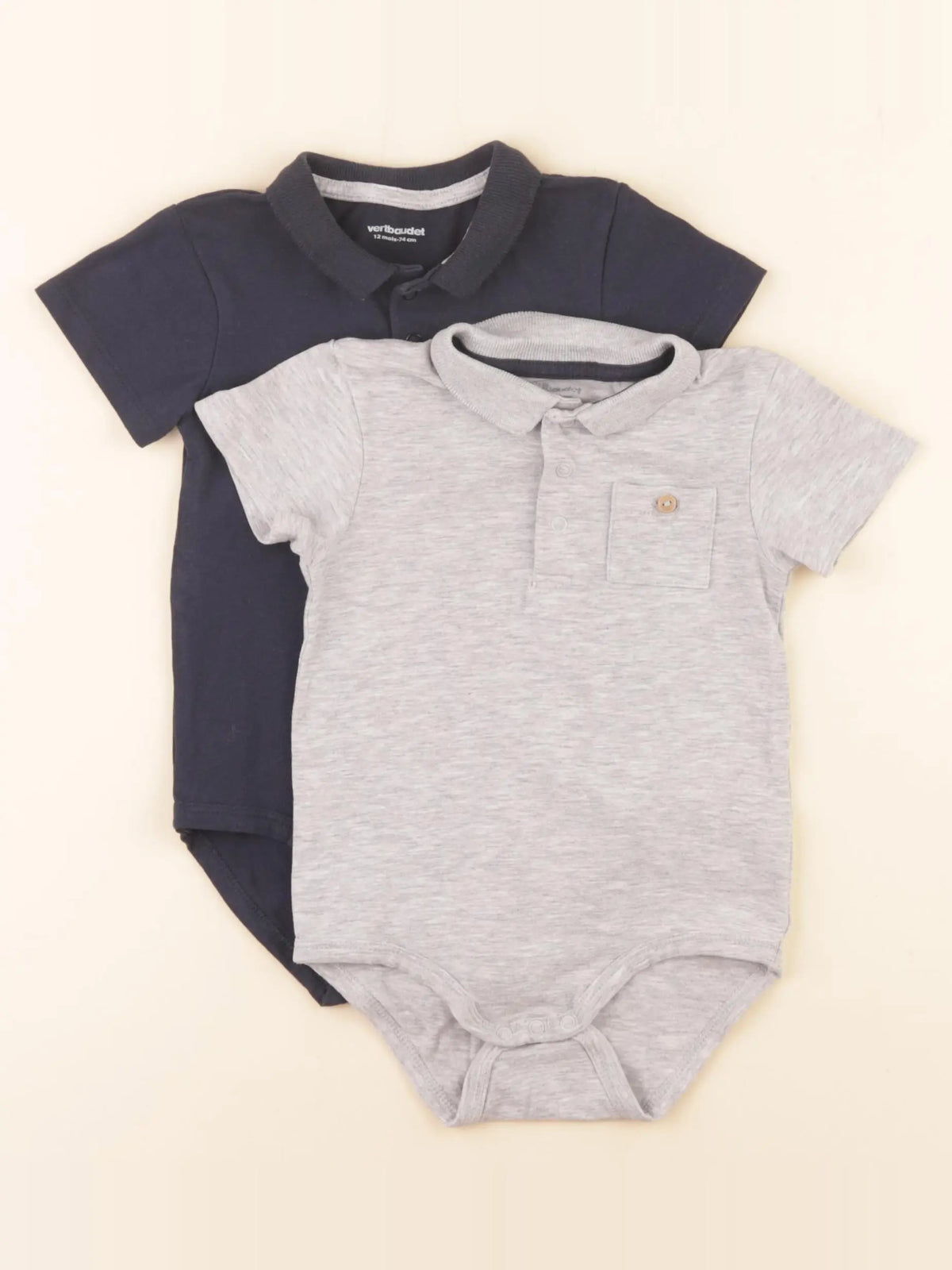 Vertbaudet - lot de 2 bodies en coton bleu, gris - 12 mois