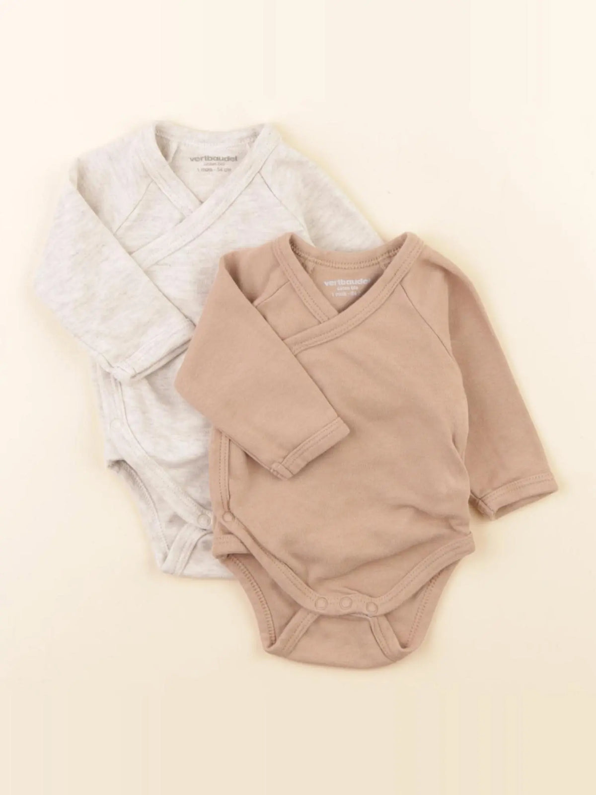 Vertbaudet - lot de 2 bodies en coton marron, beige - 1 mois
