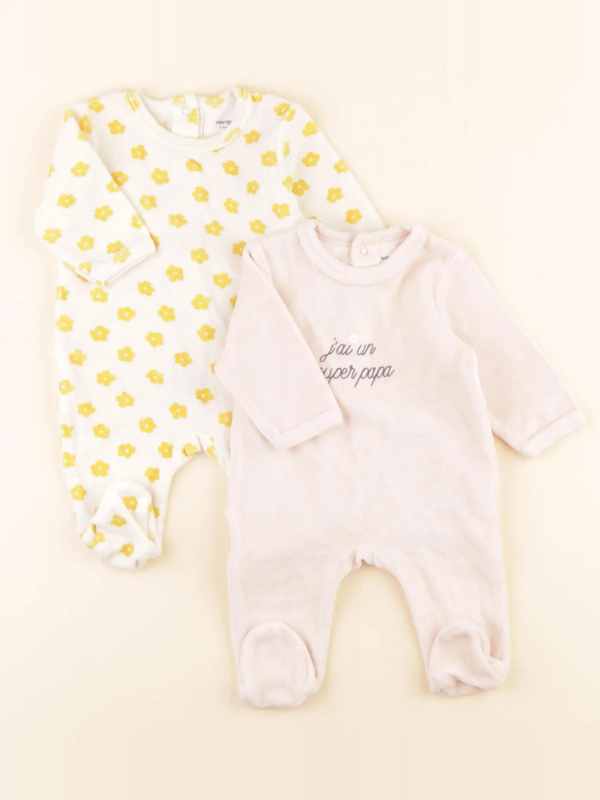 Vertbaudet - lot de 2 pyjamas velours rose, jaune - 1 mois