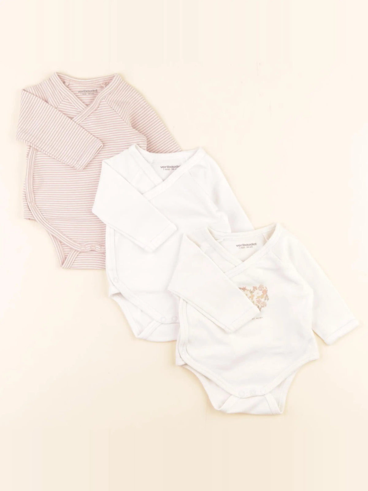 Vertbaudet - lot de 3 bodies en coton beige, rose - 1 mois