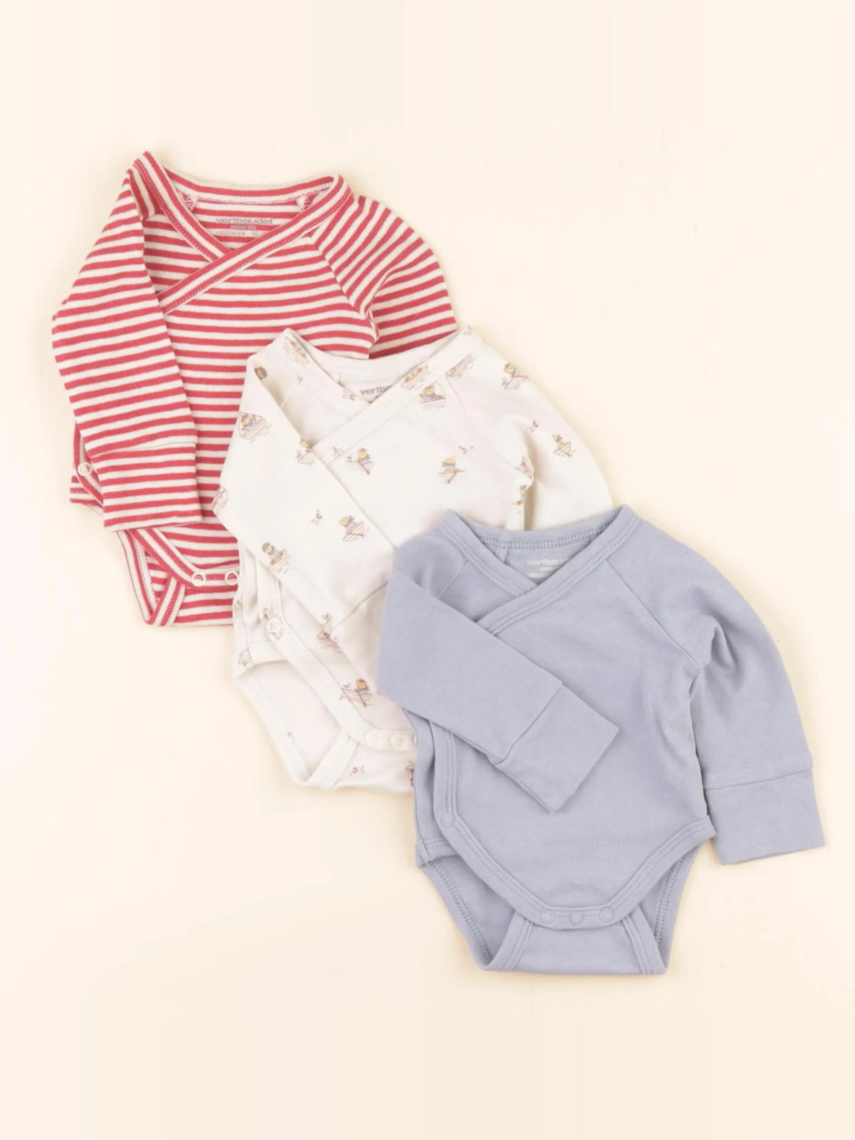 Vertbaudet - lot de 3 bodies en coton beige, bleu - 0 mois
