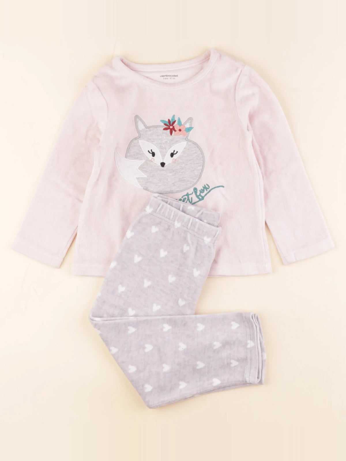 Vertbaudet - pyjama velours gris, rose - 3 ans