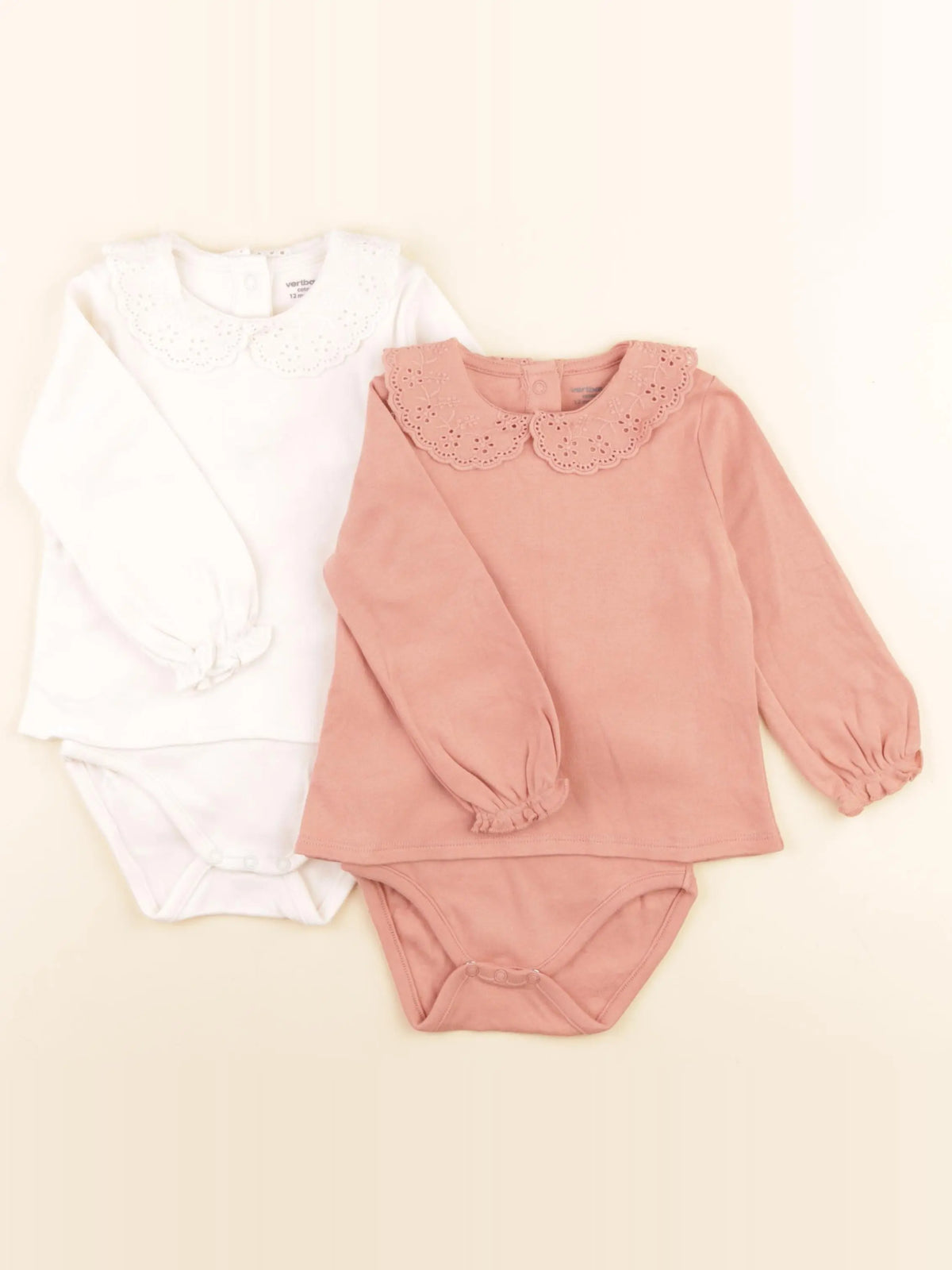 Vertbaudet - lot de 2 bodies en coton rose, beige - 12 mois