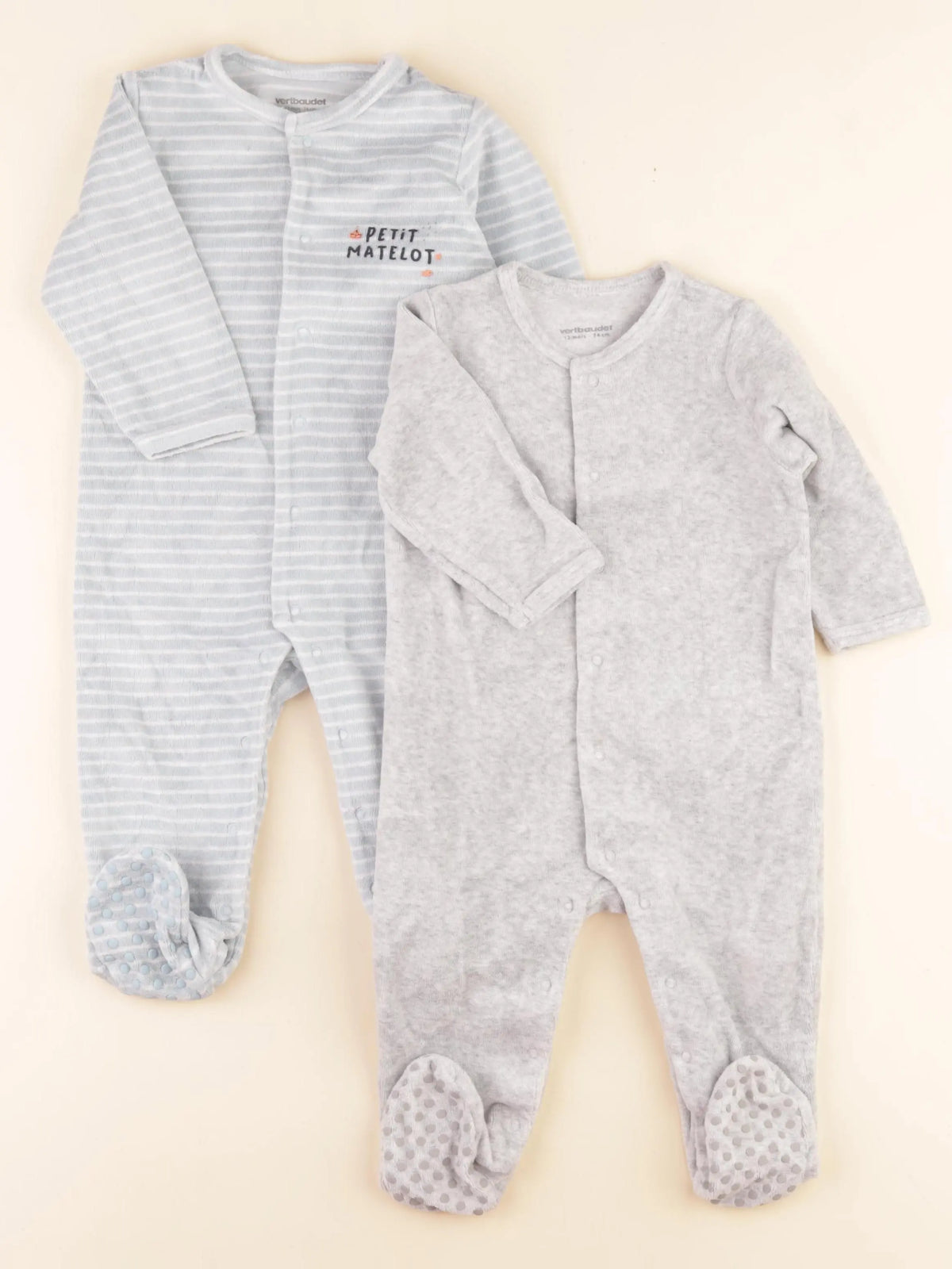 Vertbaudet - lot de 2 pyjamas velours bleu, gris - 12 mois