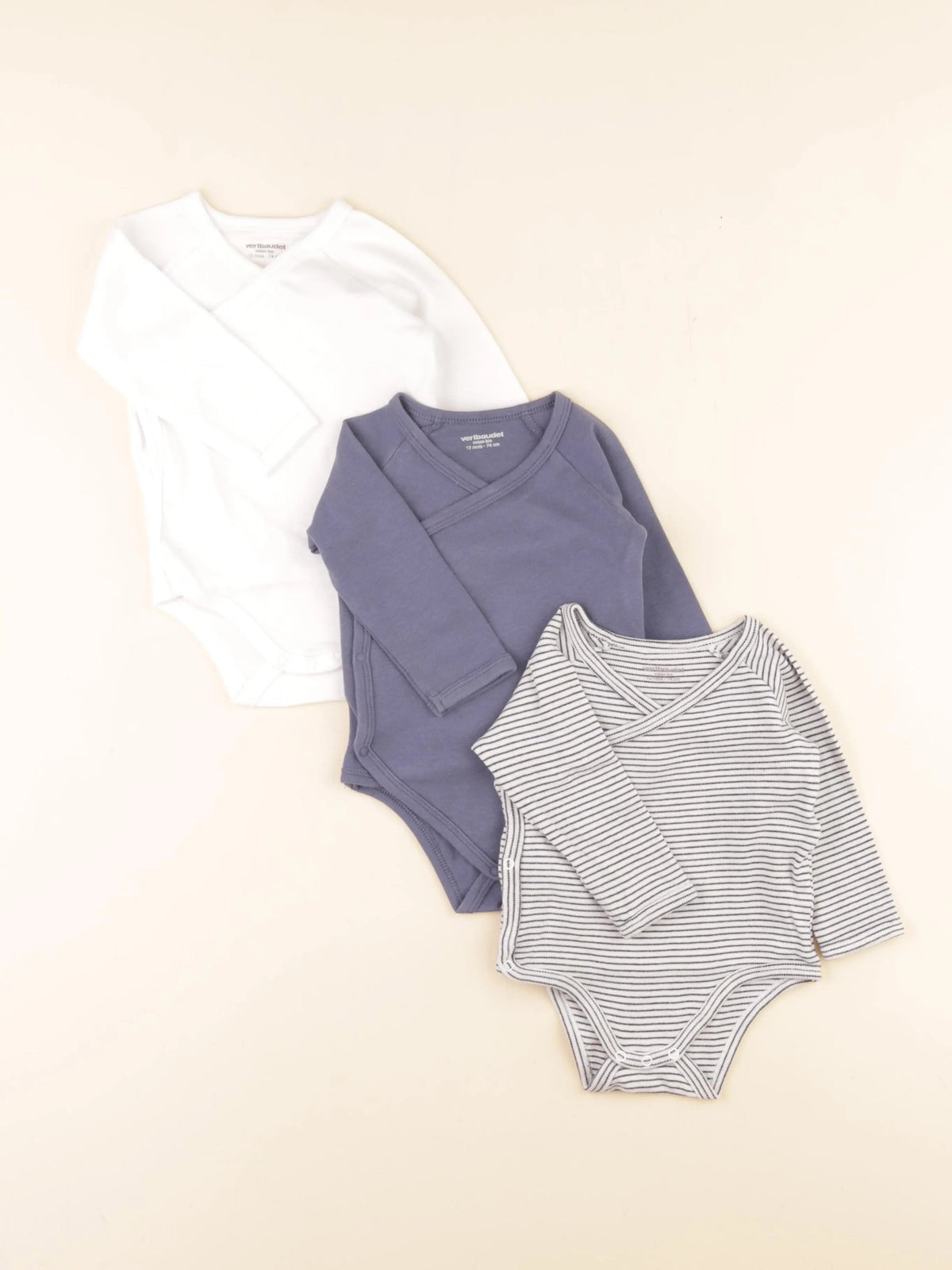 Vertbaudet - lot de 3 bodies en coton bleu, blanc - 12 mois