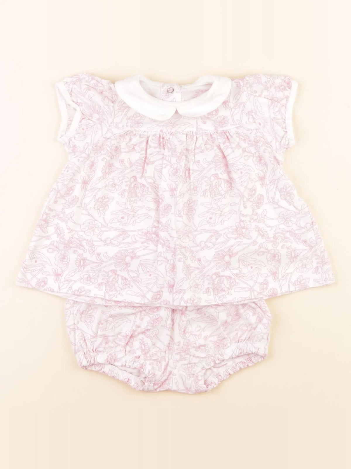 Buissonnière - ensemble blanc, rose - 6/12 mois