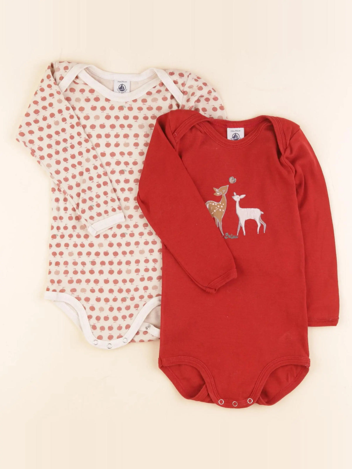 Petit Bateau - lot de 2 bodies en coton beige, rouge - 24 mois