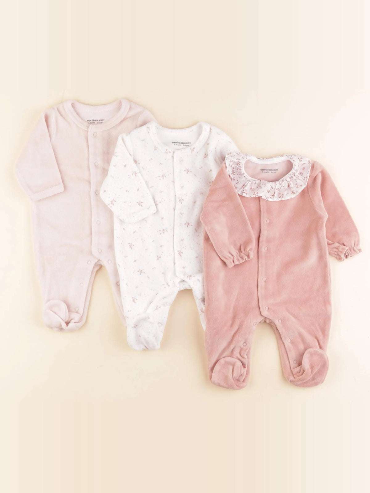 Vertbaudet - lot de 3 pyjamas velours rose, blanc - 1 mois