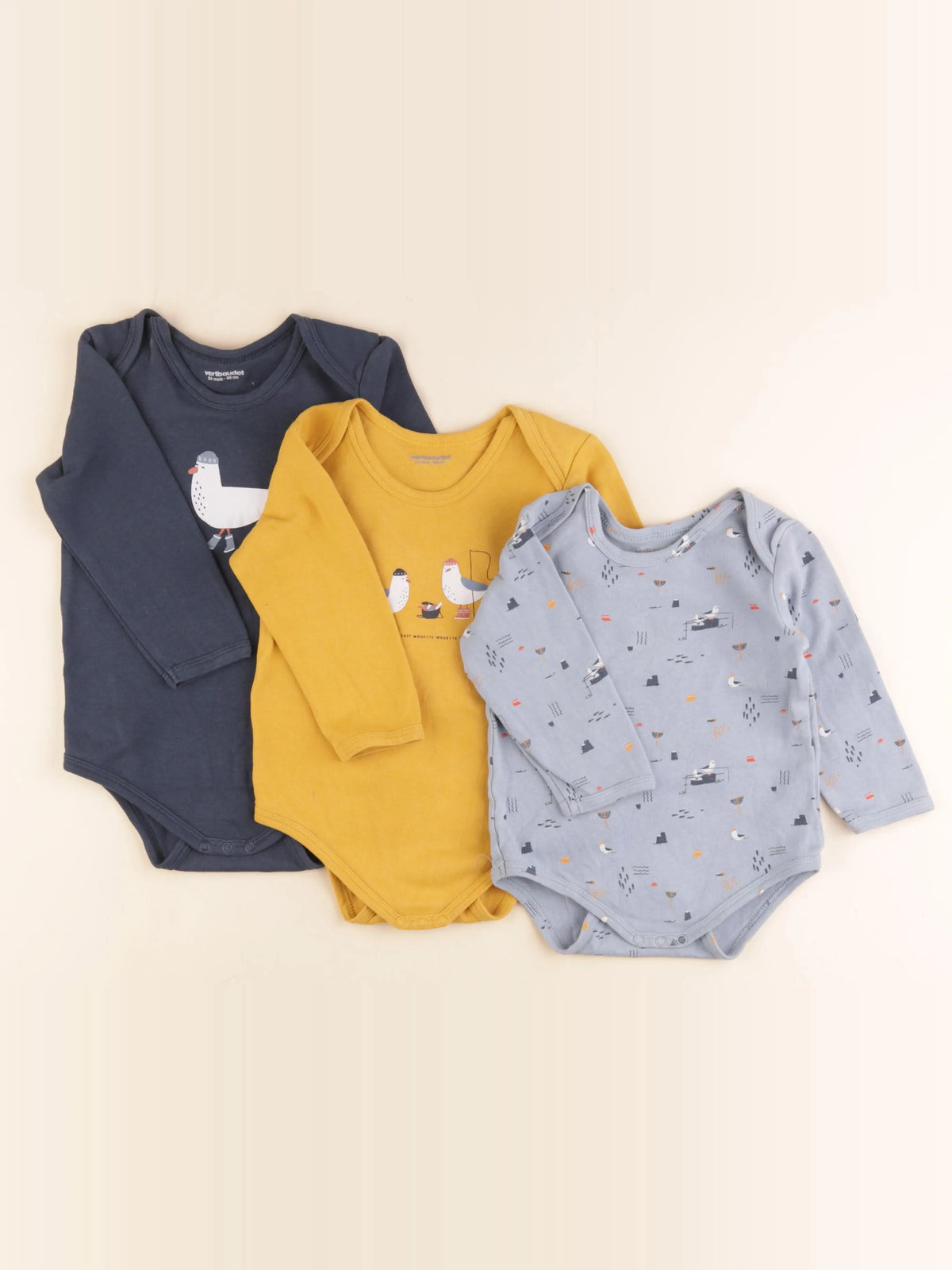 Vertbaudet - lot de 3 bodies en coton bleu, jaune - 24 mois