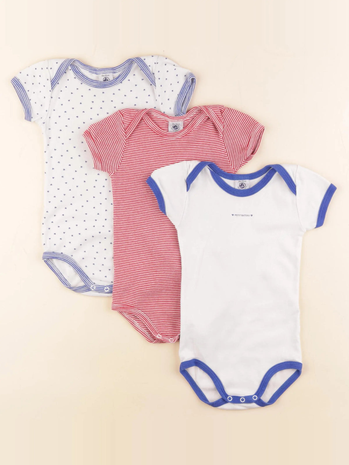 Petit Bateau - lot de 3 bodies en coton blanc, bleu, rouge - 18 mois