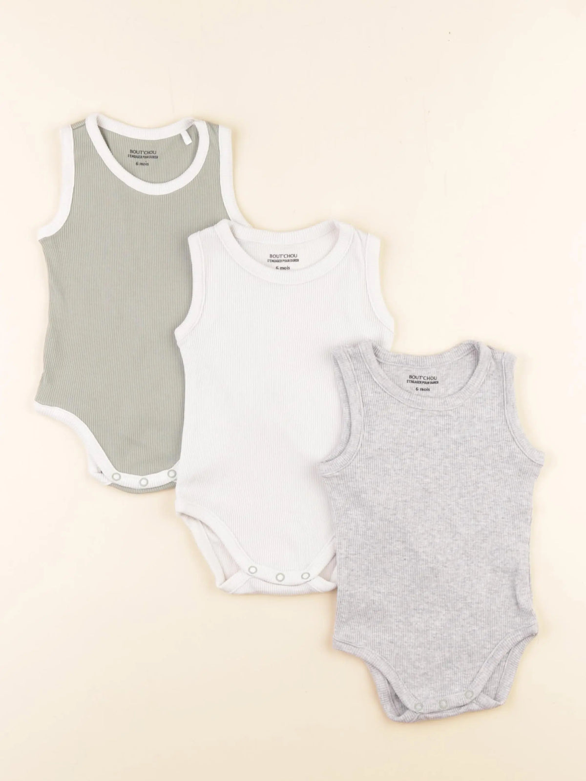Boutchou - lot de 3 bodies en coton gris, vert - 6 mois