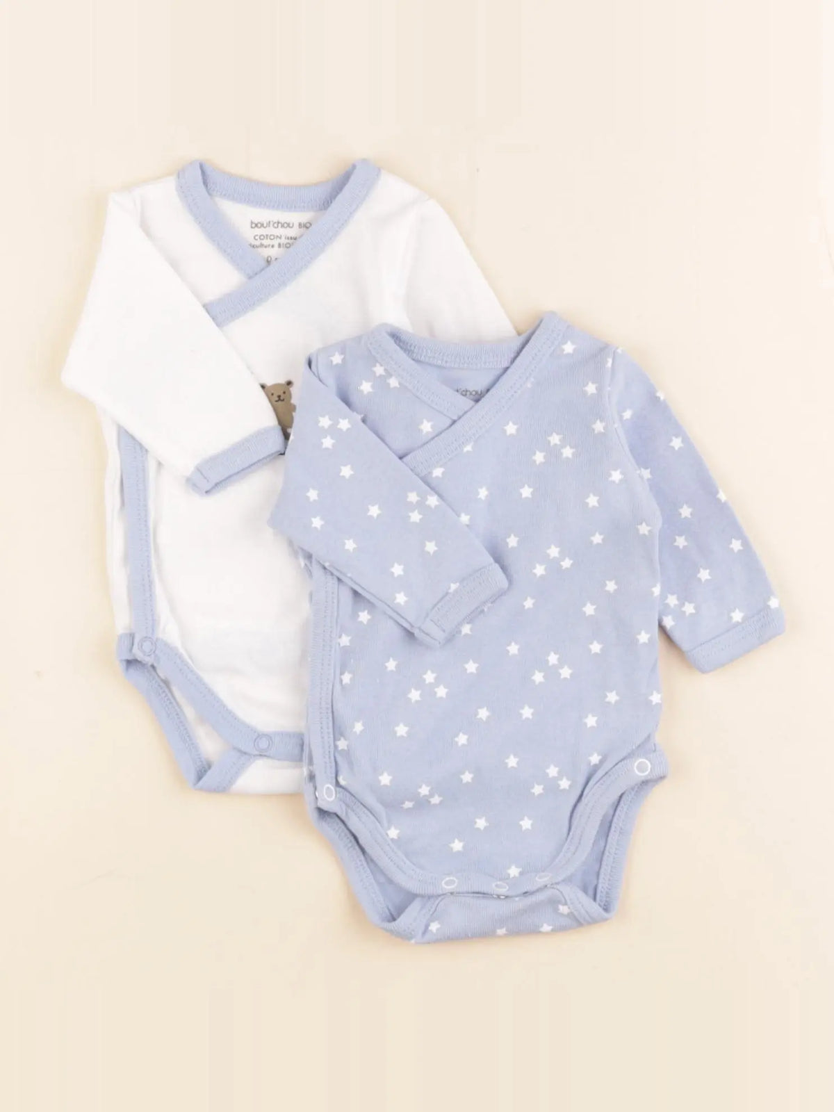 Boutchou - lot de 2 bodies en coton blanc, bleu - 0 mois