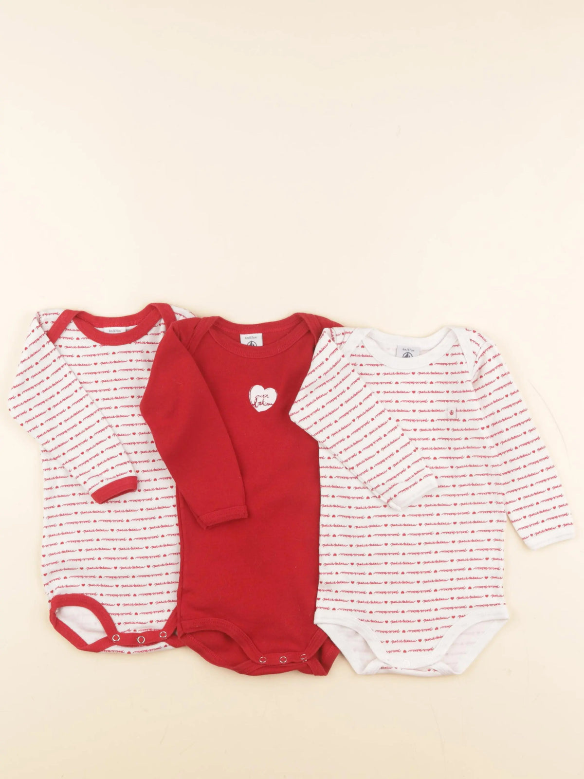 Petit Bateau - lot de 3 bodies en coton blanc, rouge - 6 mois