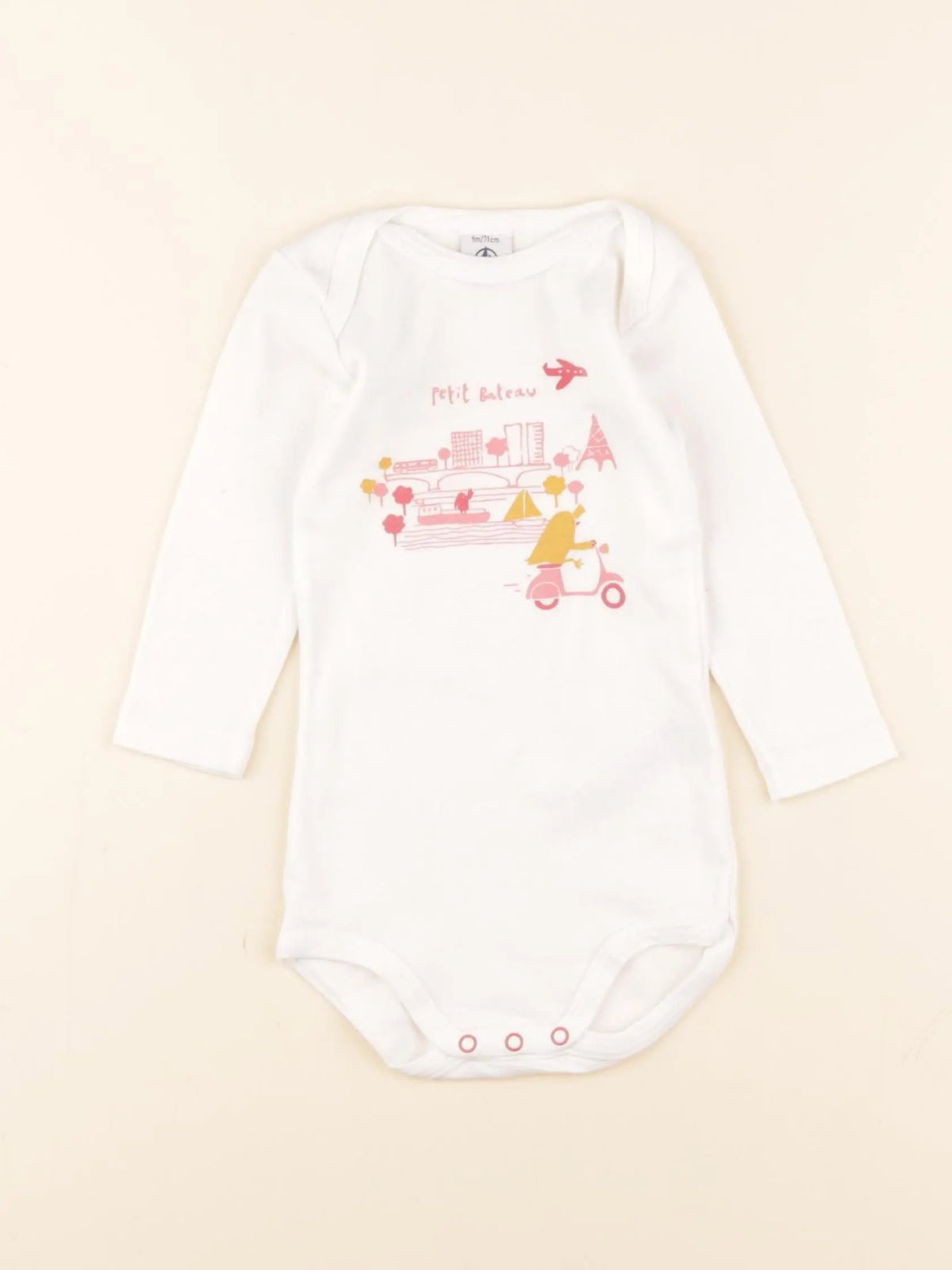 Petit Bateau - body blanc, rose - 9 mois