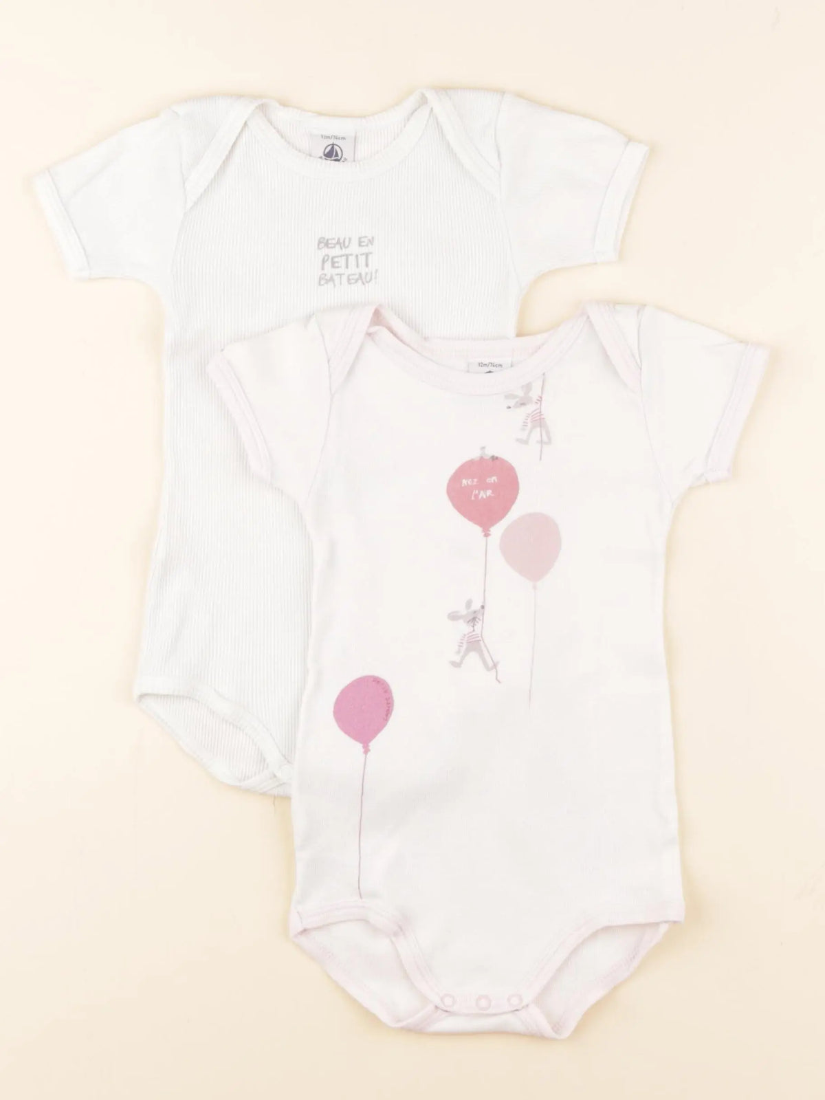 Petit Bateau - lot de 2 bodies en coton blanc, rose - 12 mois