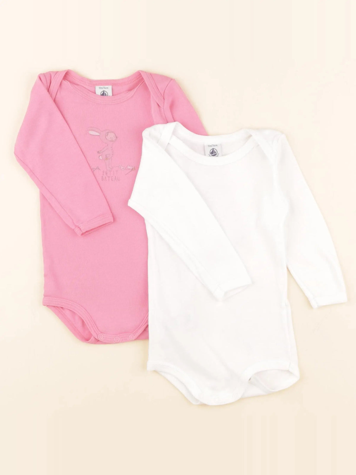 Petit Bateau - lot de 2 bodies en coton blanc, rose - 12 mois
