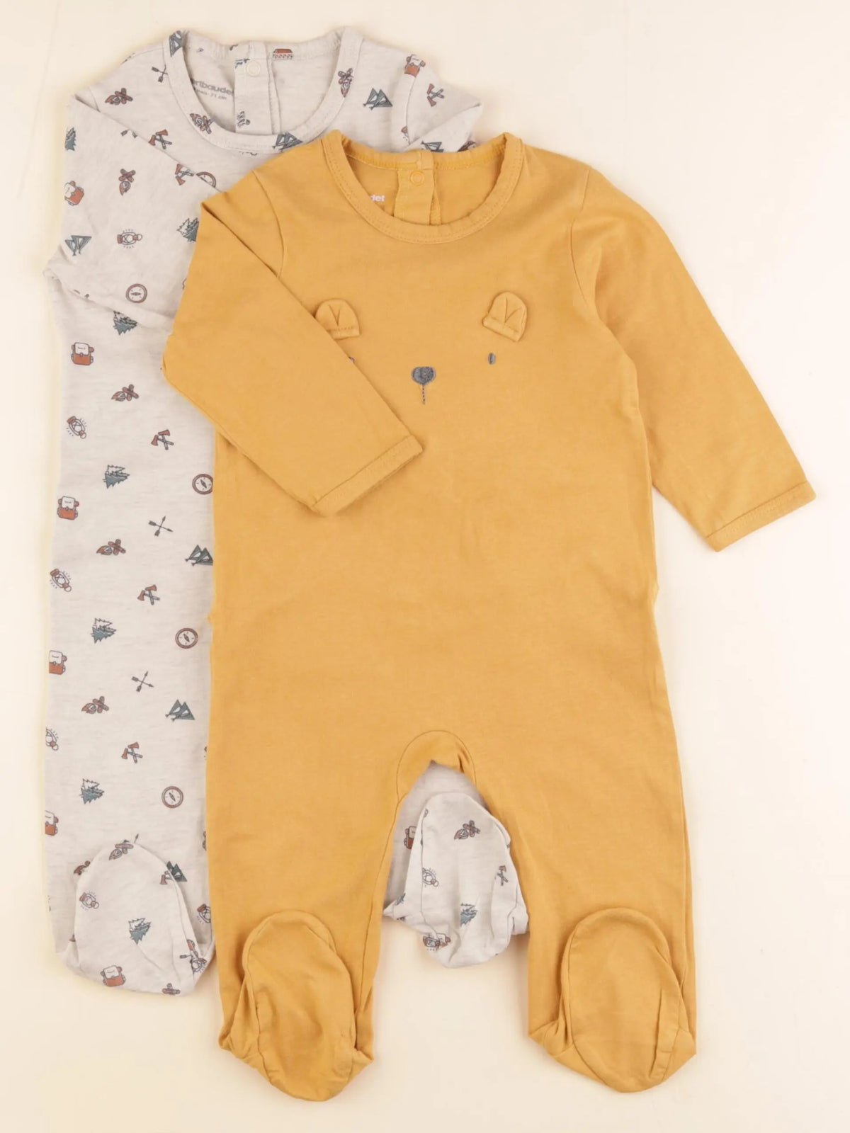 Vertbaudet - lot de 2 pyjamas coton jaune, beige - 9 mois