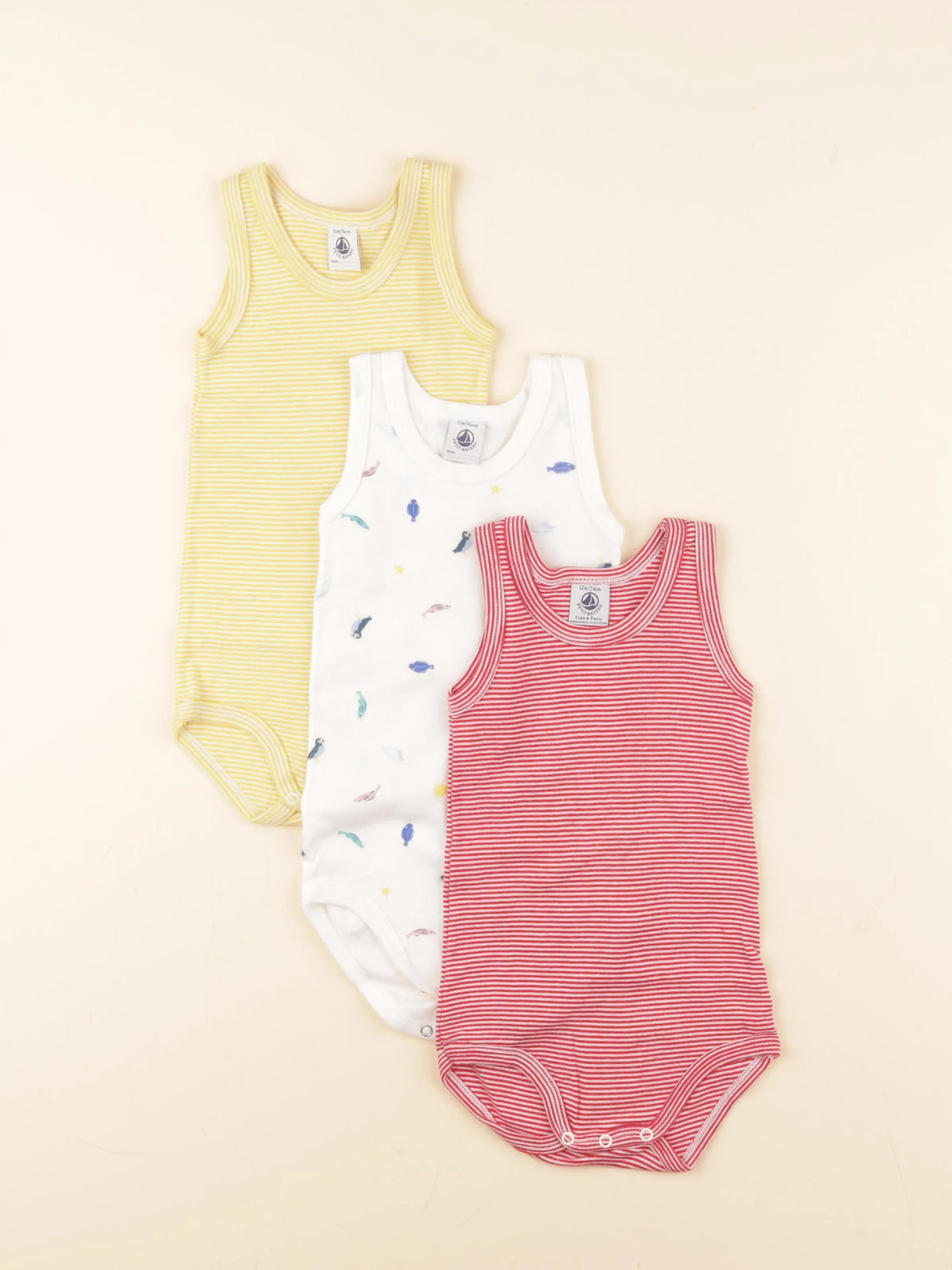 Petit Bateau - lot de 3 bodies en coton blanc, rouge, jaune - 12 mois
