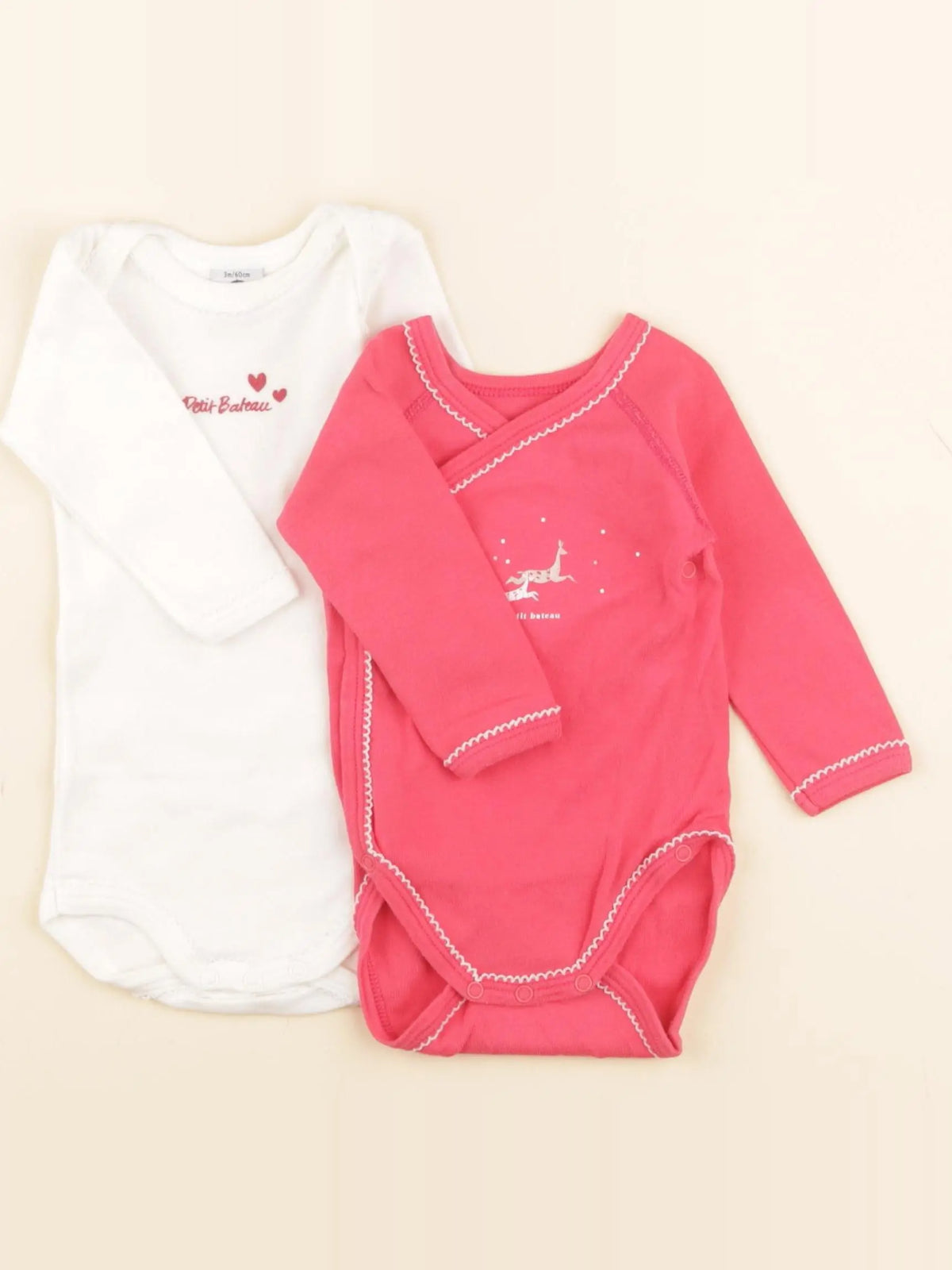 Petit Bateau - lot de 2 bodies en coton rose, blanc - 3 mois