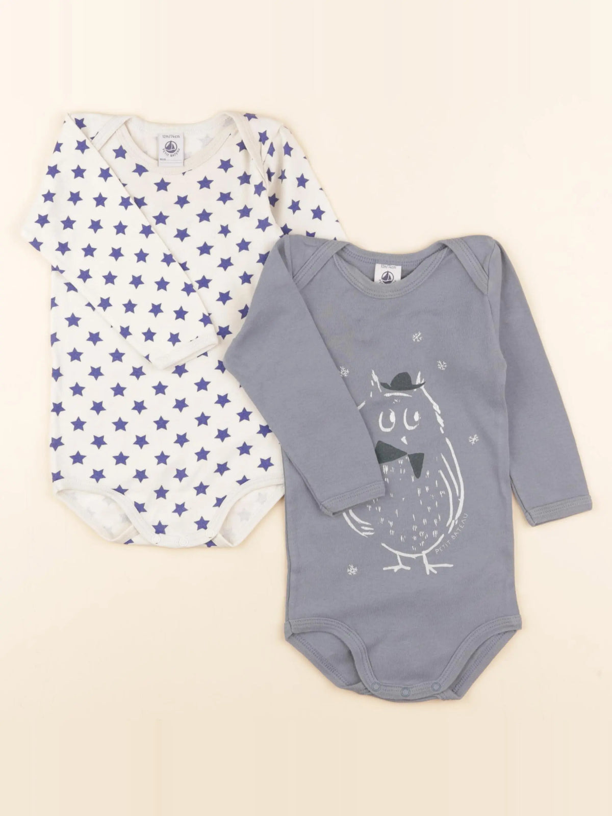 Petit Bateau - lot de 2 bodies en coton blanc, bleu - 12 mois