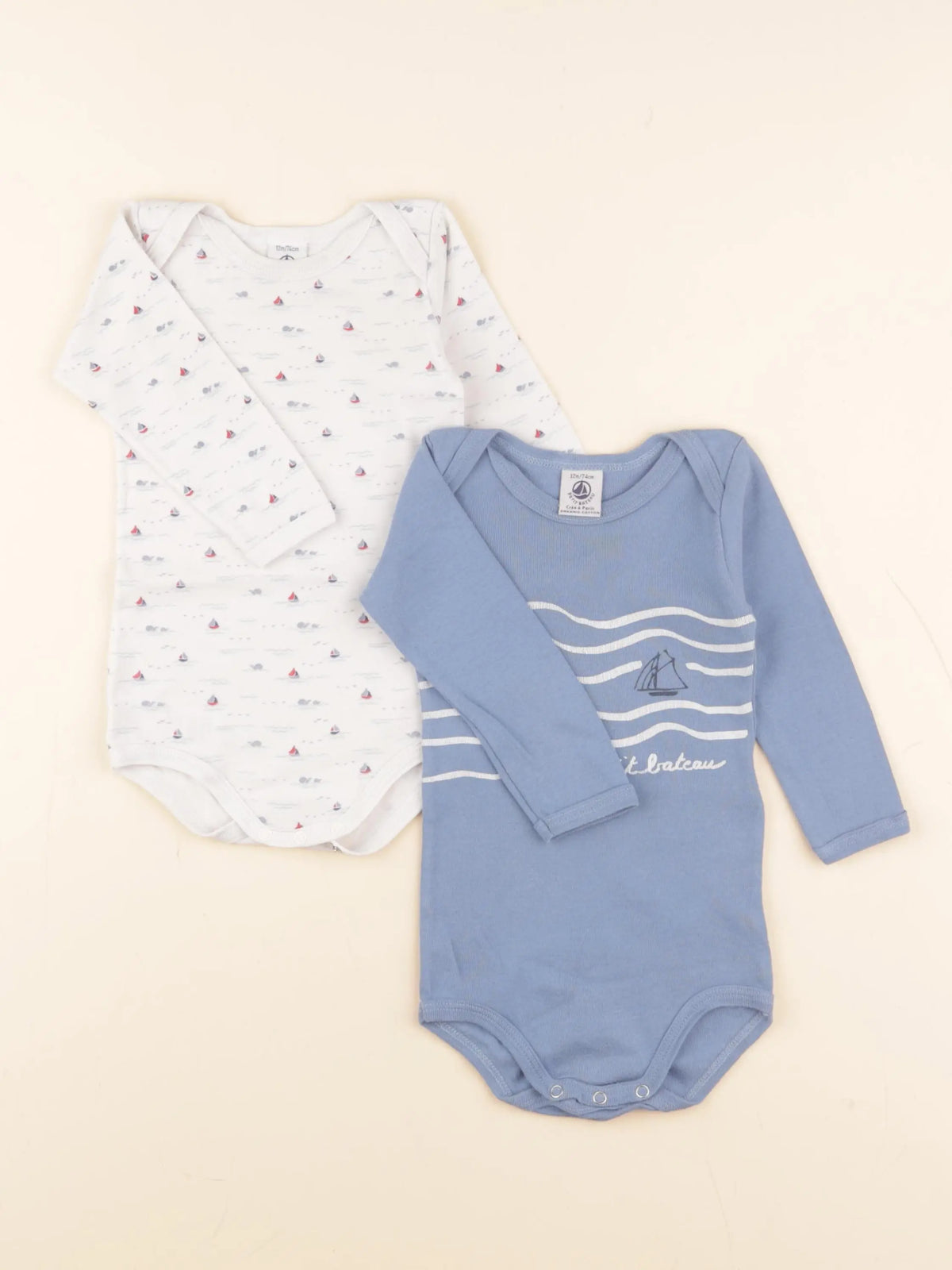 Petit Bateau - lot de 2 bodies en coton blanc, bleu - 12 mois