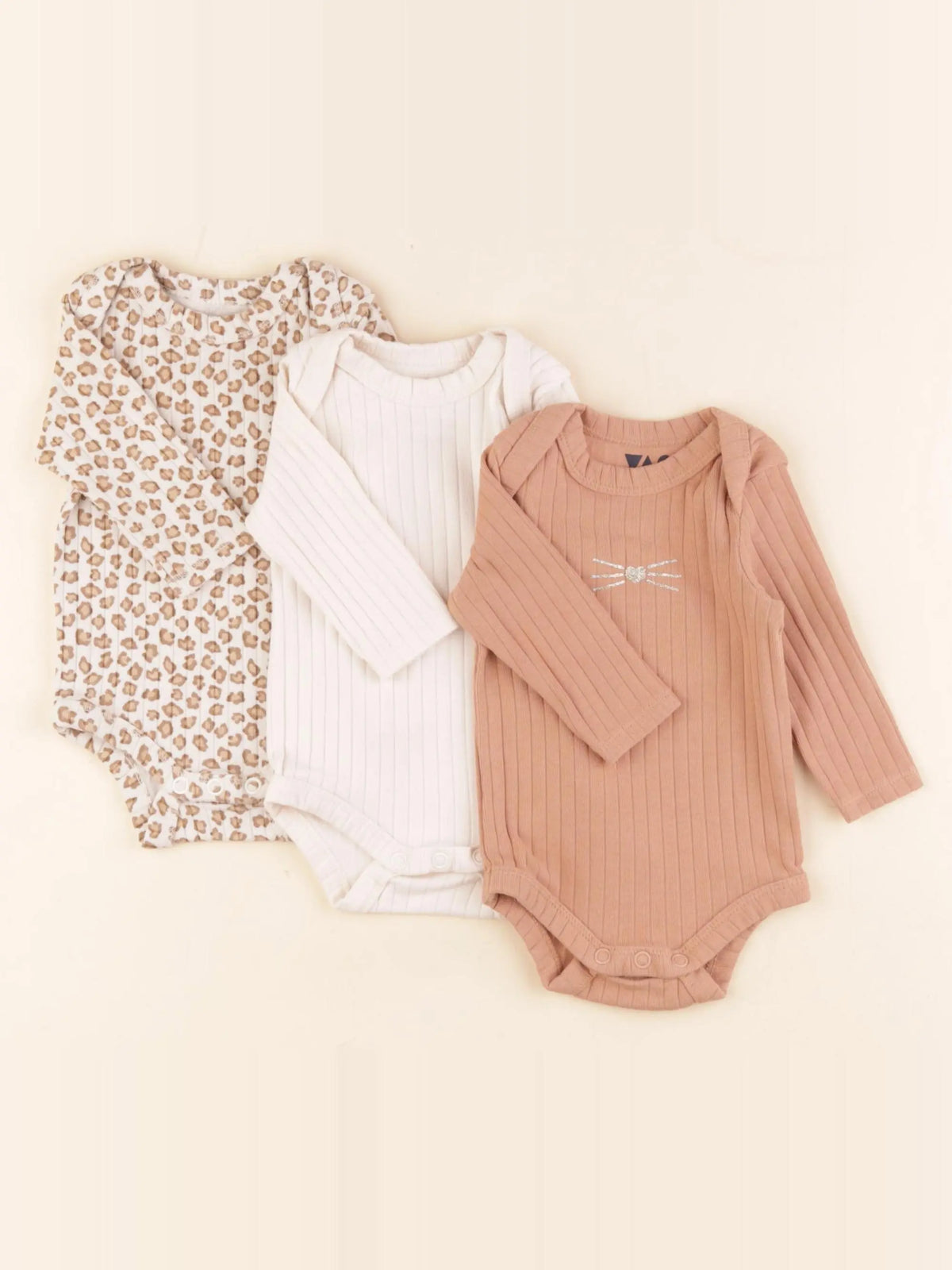 Tape à l'oeil - lot de 3 bodies en coton beige, marron - 3 mois