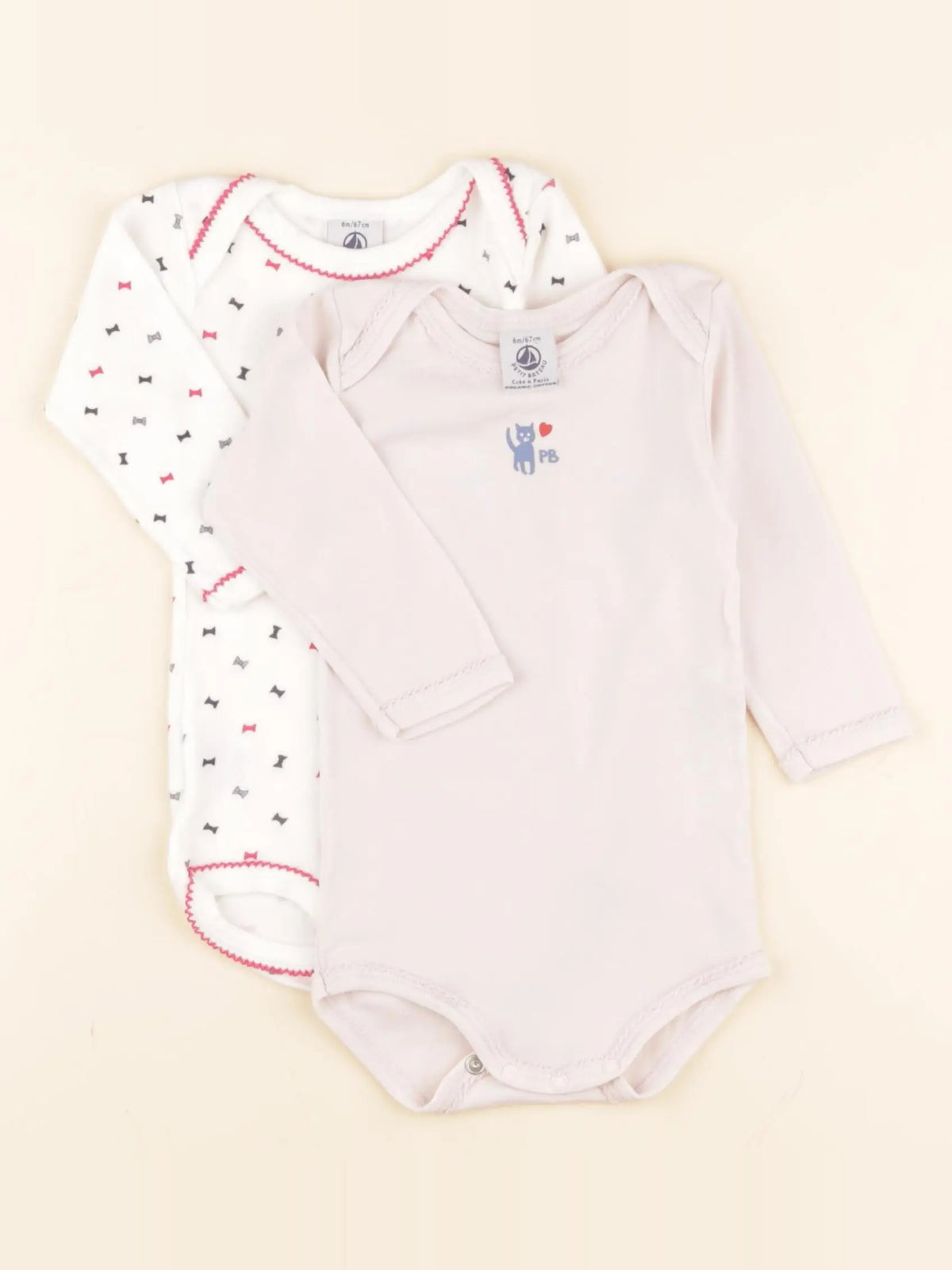 Petit Bateau - lot de 2 bodies en coton blanc, rose - 6 mois