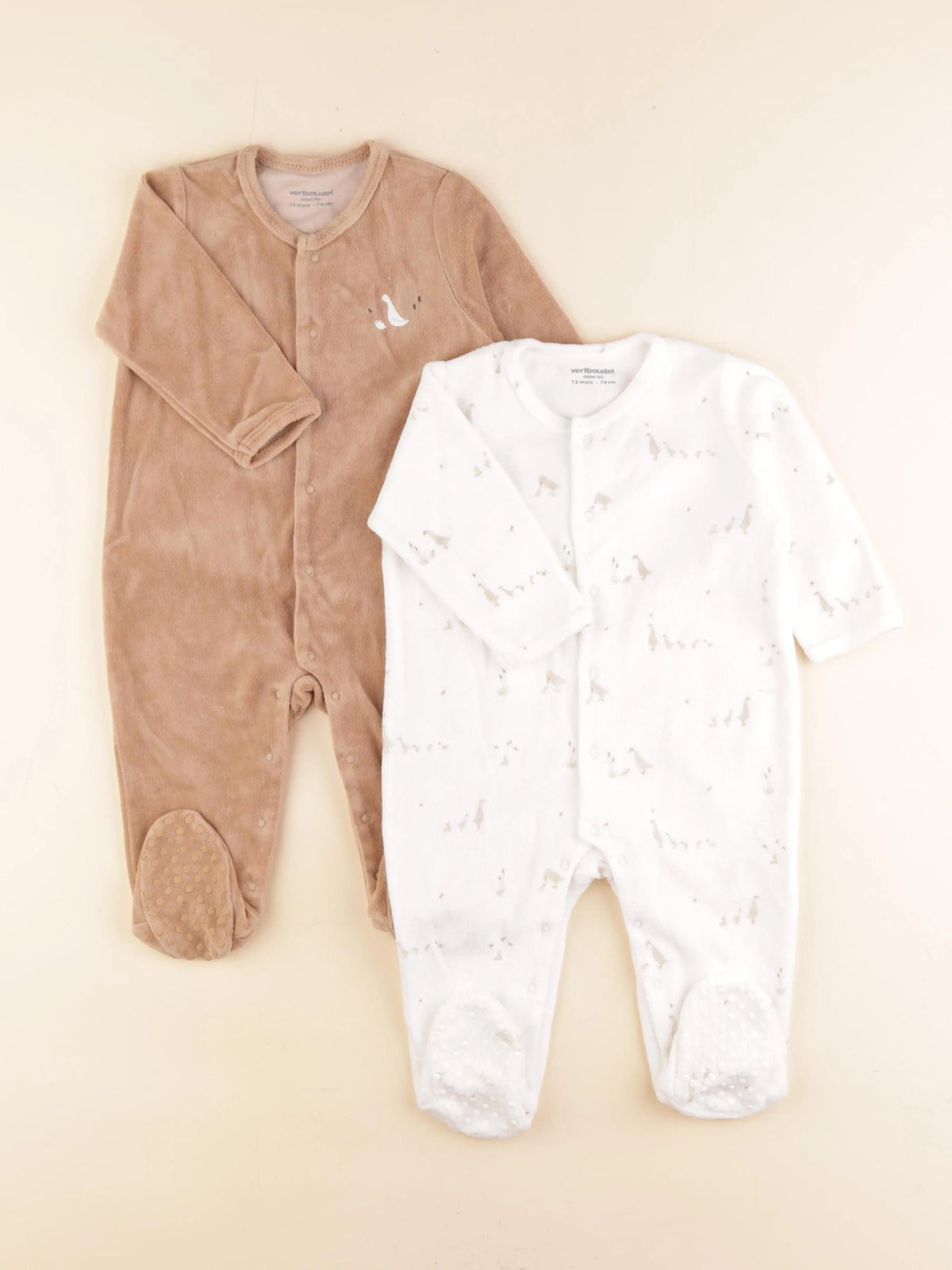 Vertbaudet - lot de 2 pyjamas velours marron, blanc - 12 mois