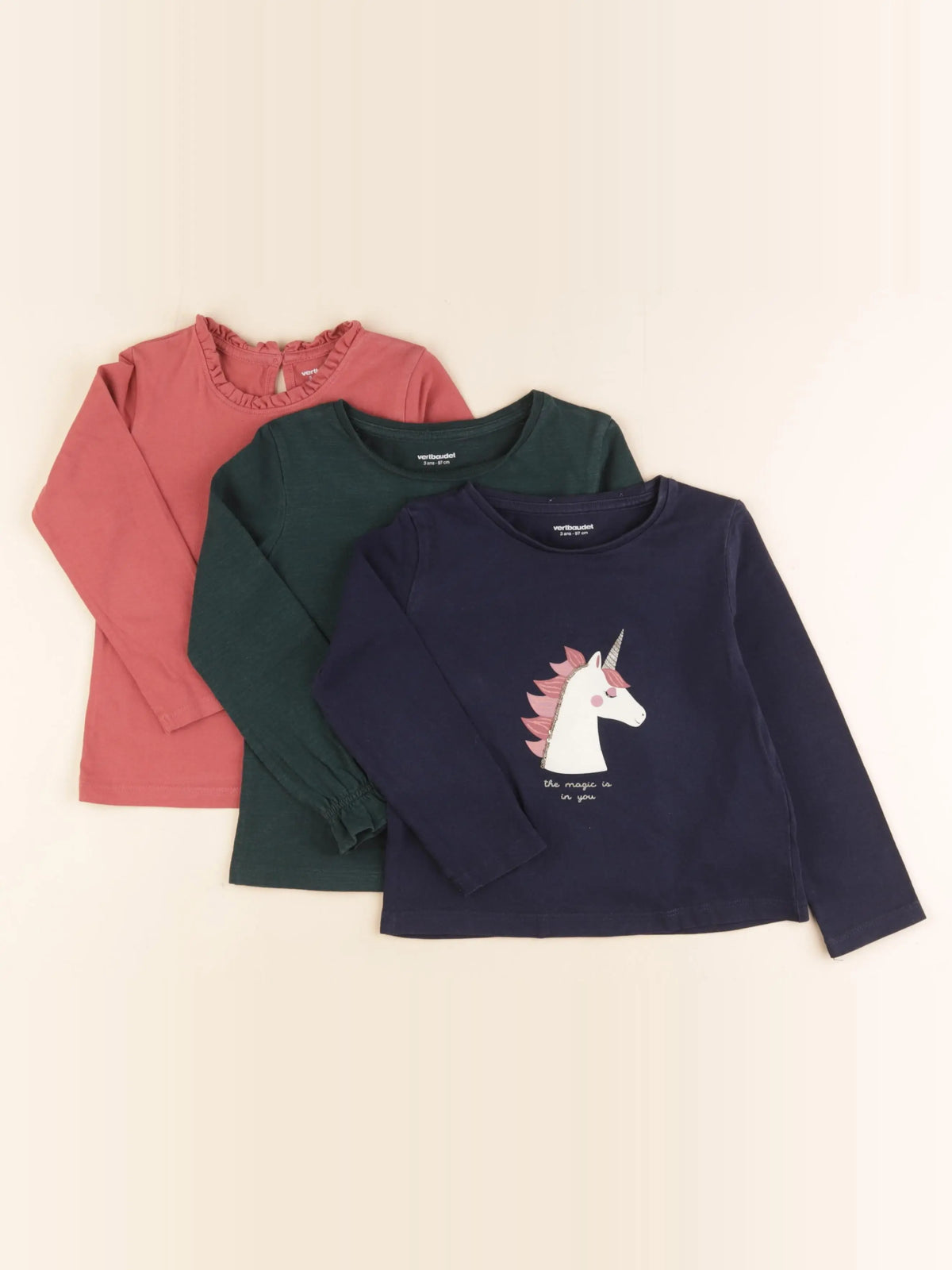 Vertbaudet - lot de 3 tee-shirts rose, vert, bleu - 3 ans