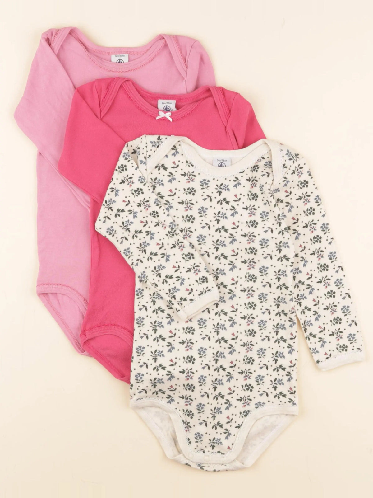 Petit Bateau - lot de 3 bodies en coton beige - 24 mois