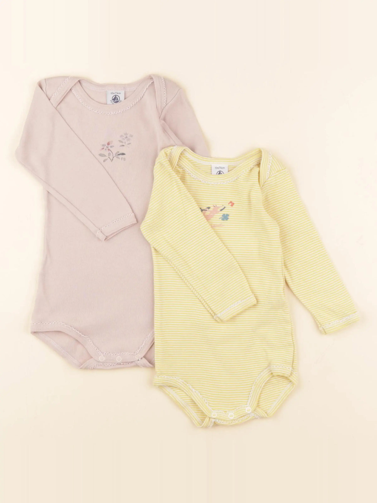 Petit Bateau - lot de 2 bodies en coton jaune, rose - 12 mois