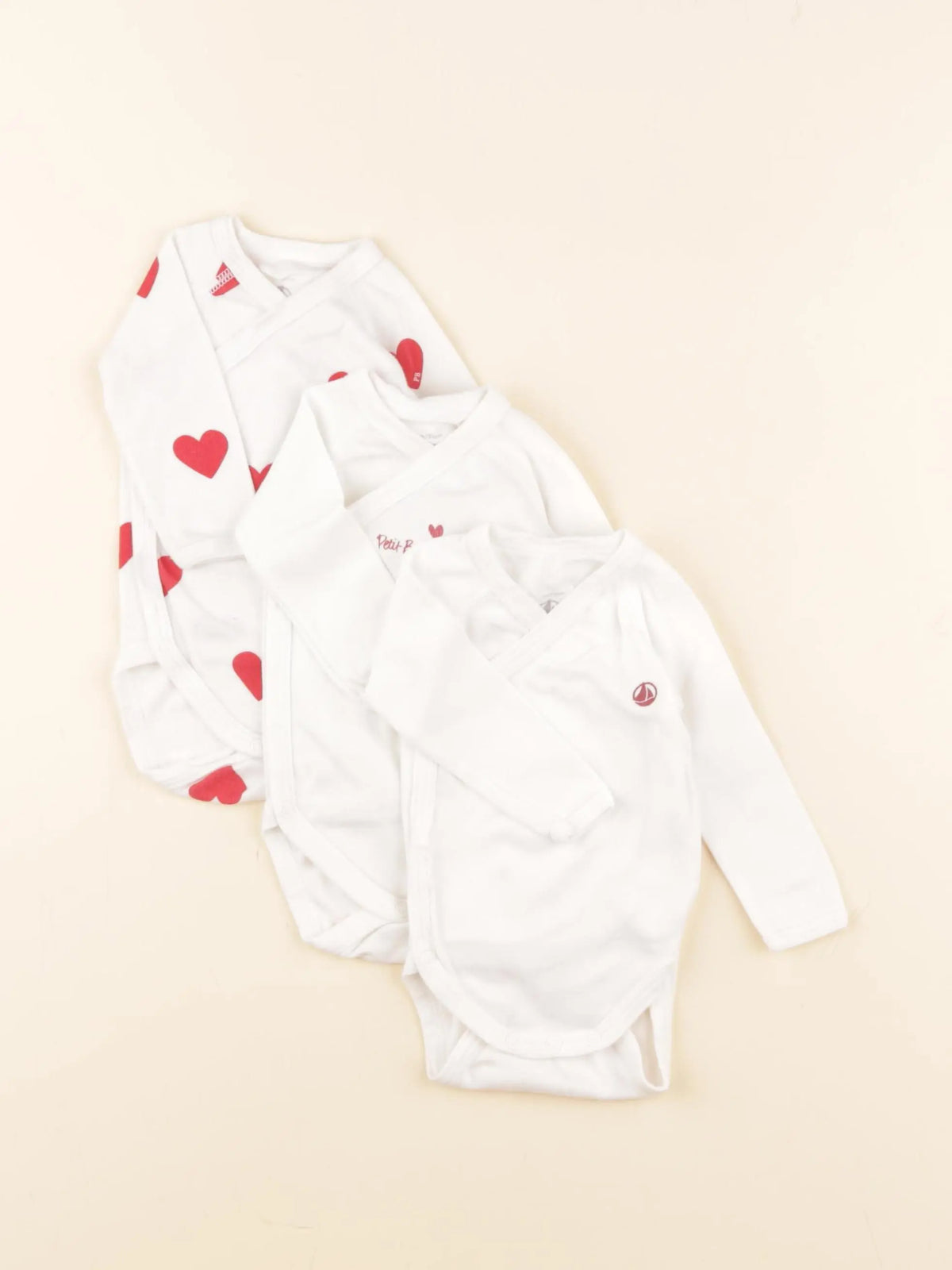 Petit Bateau - lot de 3 bodies en coton blanc, rouge - 1 mois