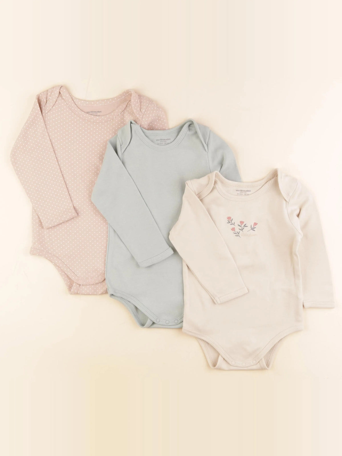 Vertbaudet - lot de 3 bodies en coton coton vert, beige - 24 mois