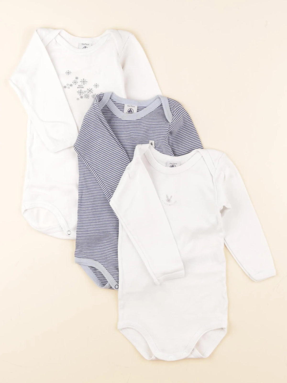 Petit Bateau - lot de 3 bodies en coton blanc, bleu - 12 mois