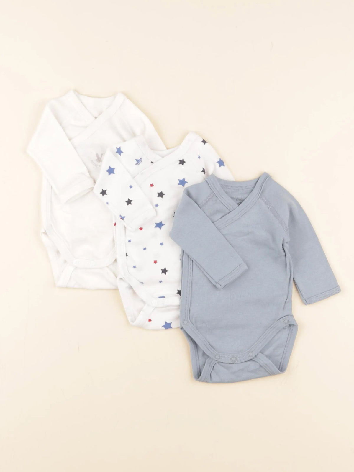 Petit Bateau - lot de 3 bodies en coton blanc, bleu - 0 mois