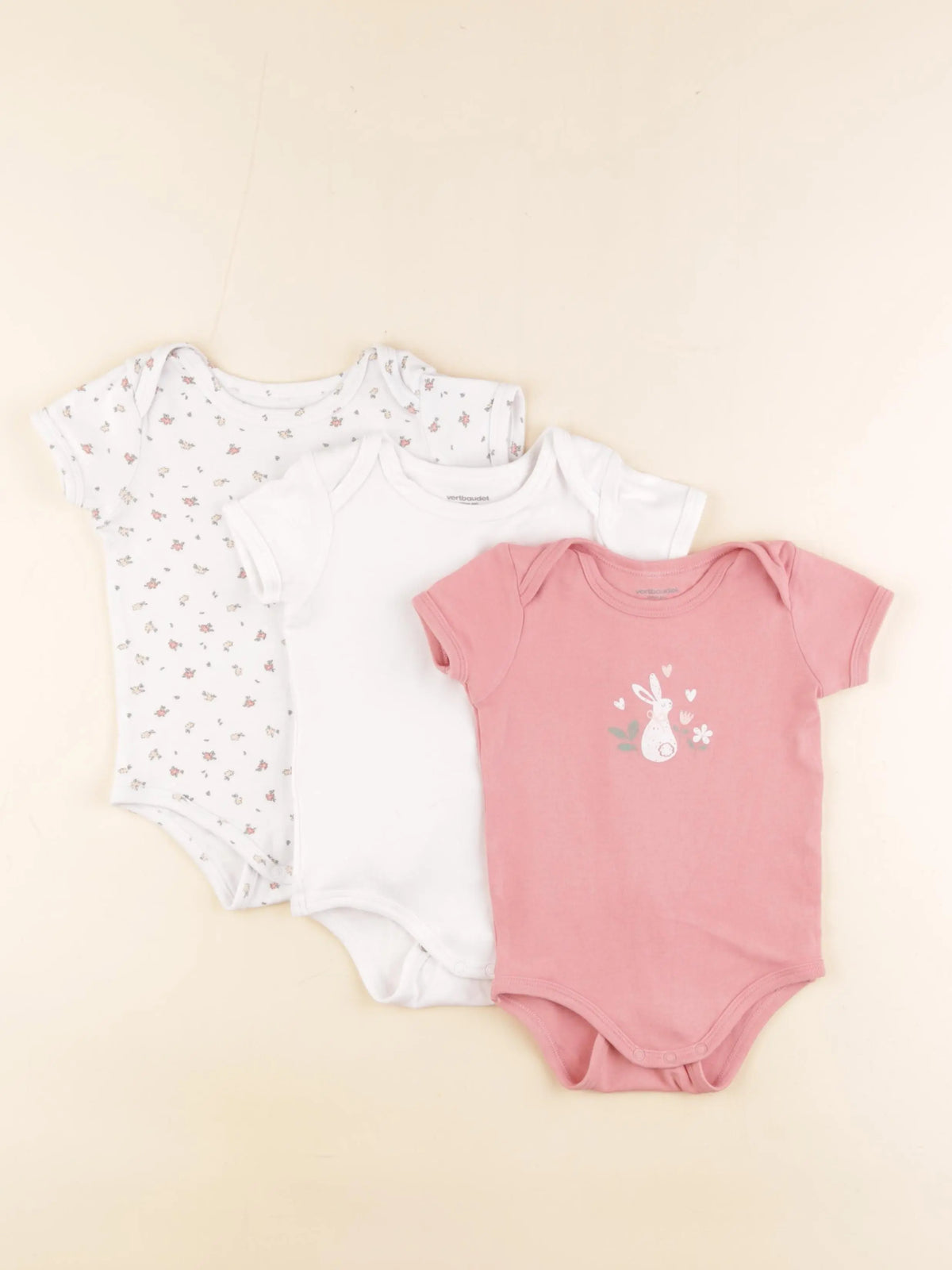 Vertbaudet - lot de 3 bodies en coton blanc, rose - 18 mois