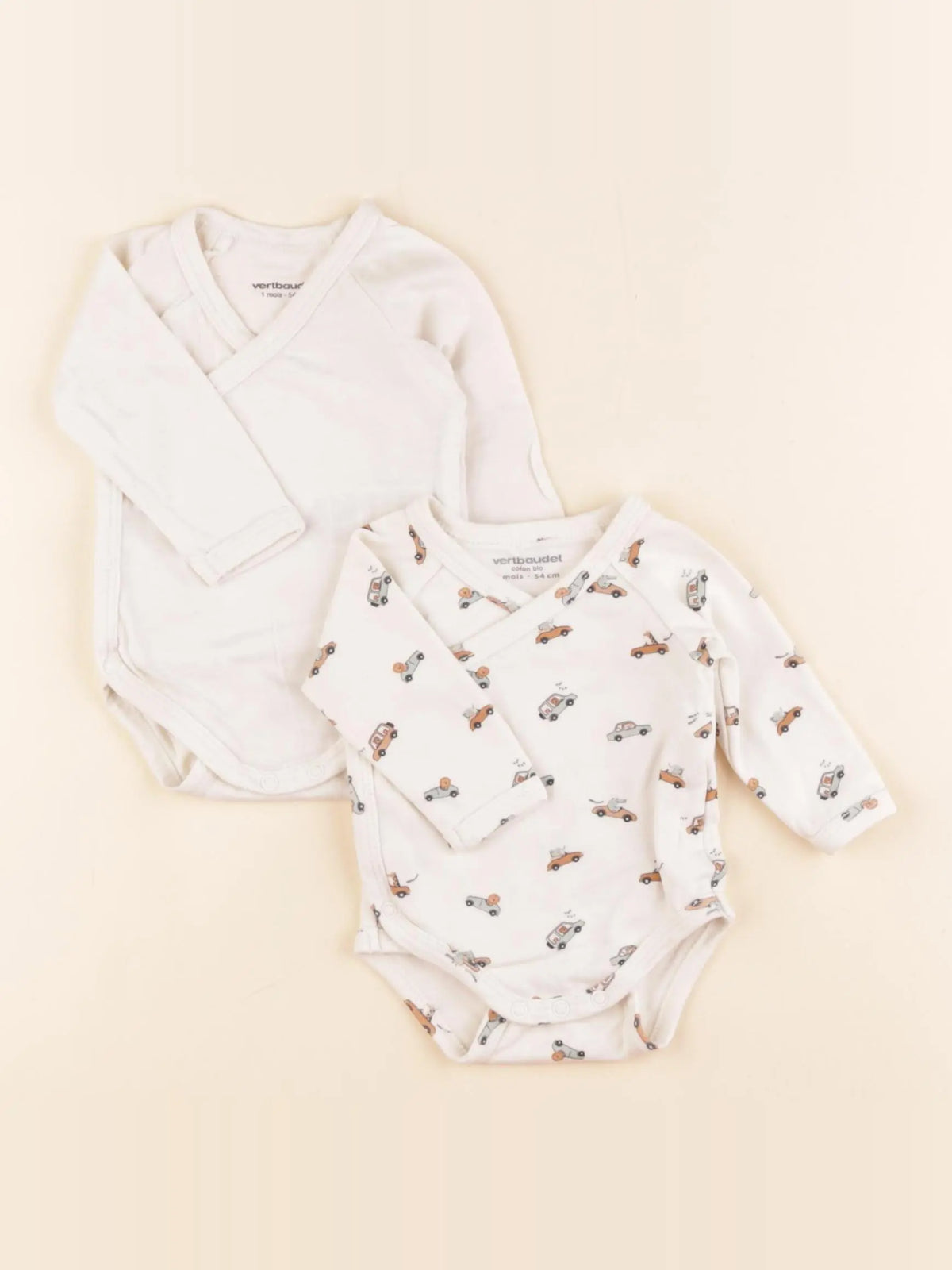 Vertbaudet - lot de 2 bodies en coton beige - 1 mois