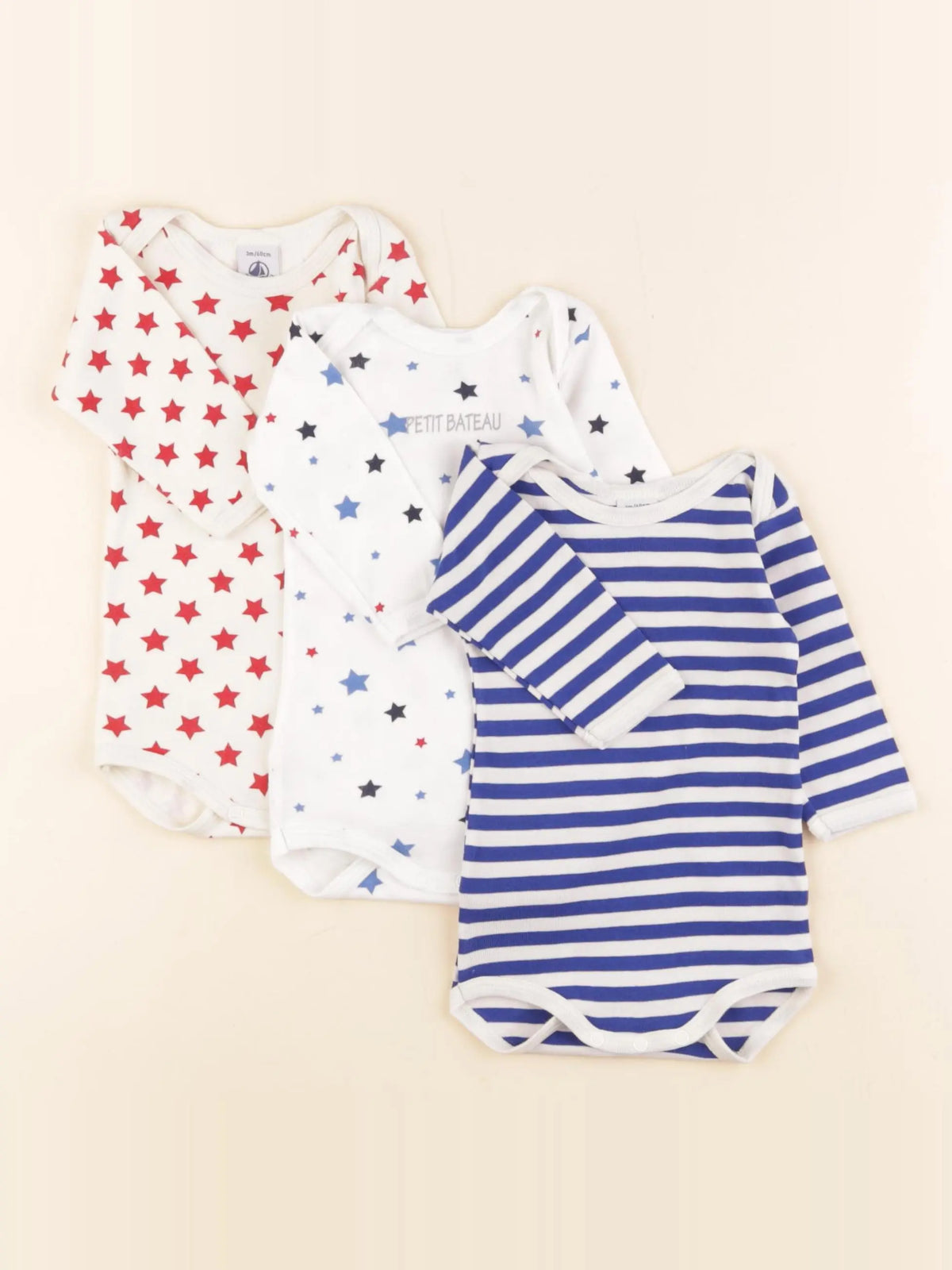 Petit Bateau - lot de 3 bodies en coton bleu, blanc, rouge - 3 mois