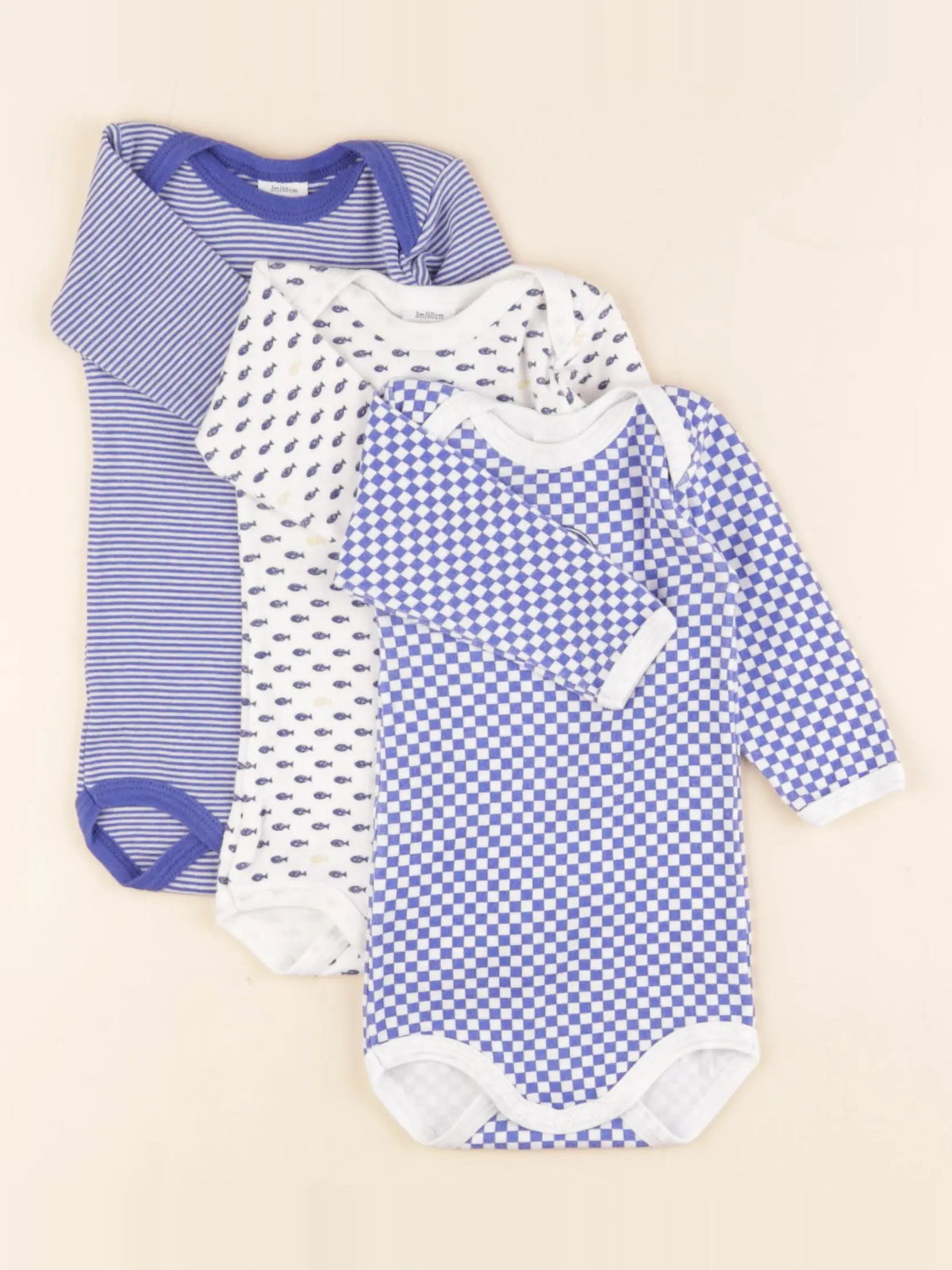 Petit Bateau - lot de 3 bodies en coton bleu, blanc - 3 mois