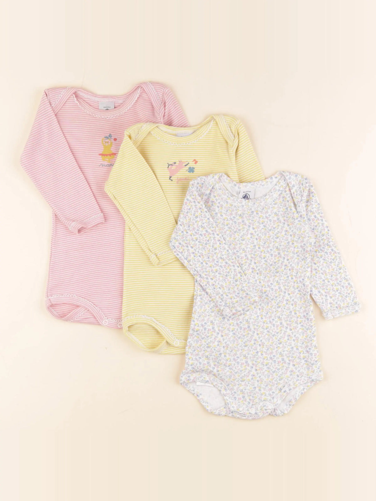 Petit Bateau - lot de 3 bodies en coton jaune, rose - 6 mois