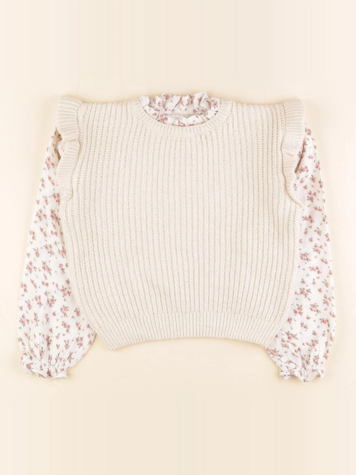 Vertbaudet - pull beige, rose - 8 ans
